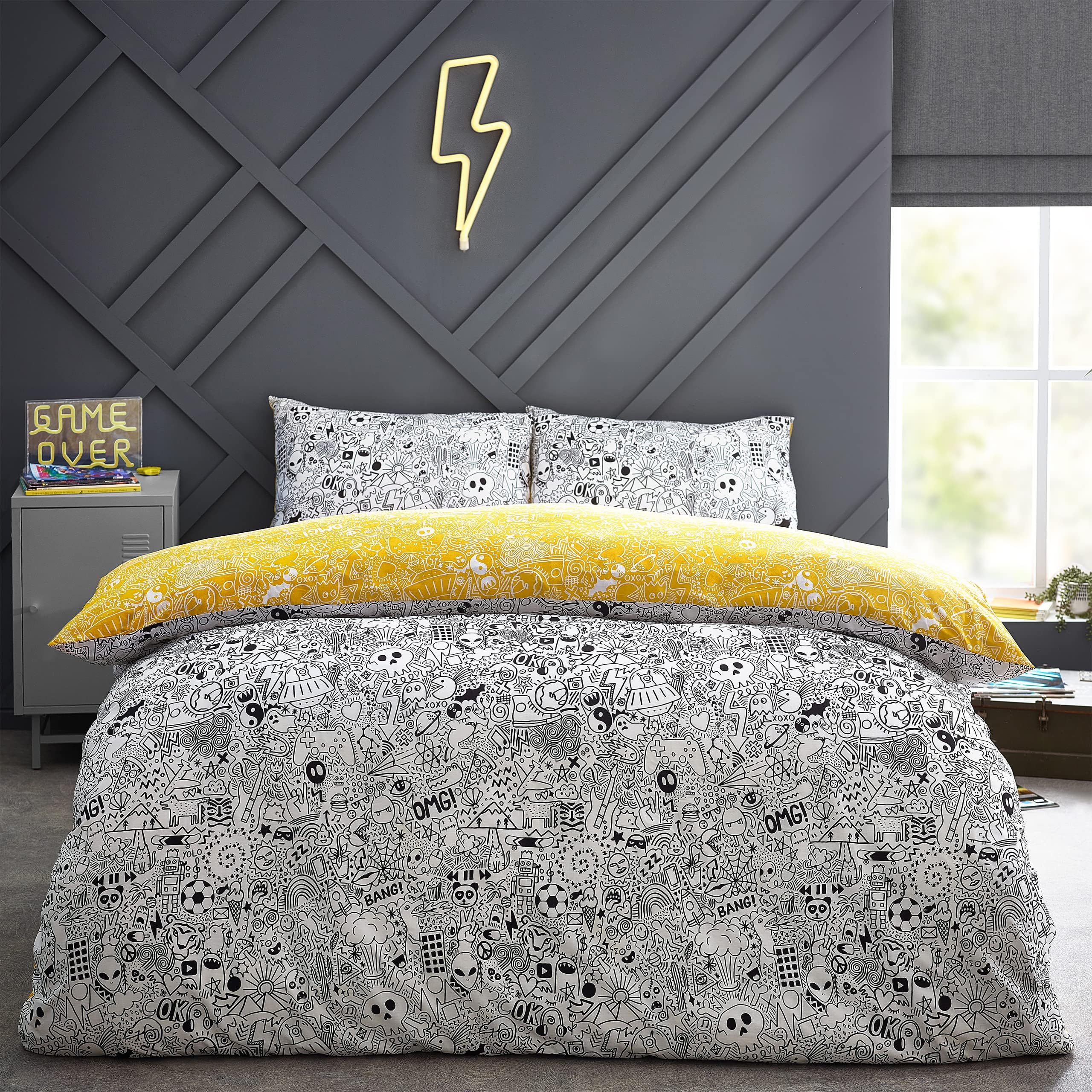 Doodles Duvet Cover Set, White/Black, Single