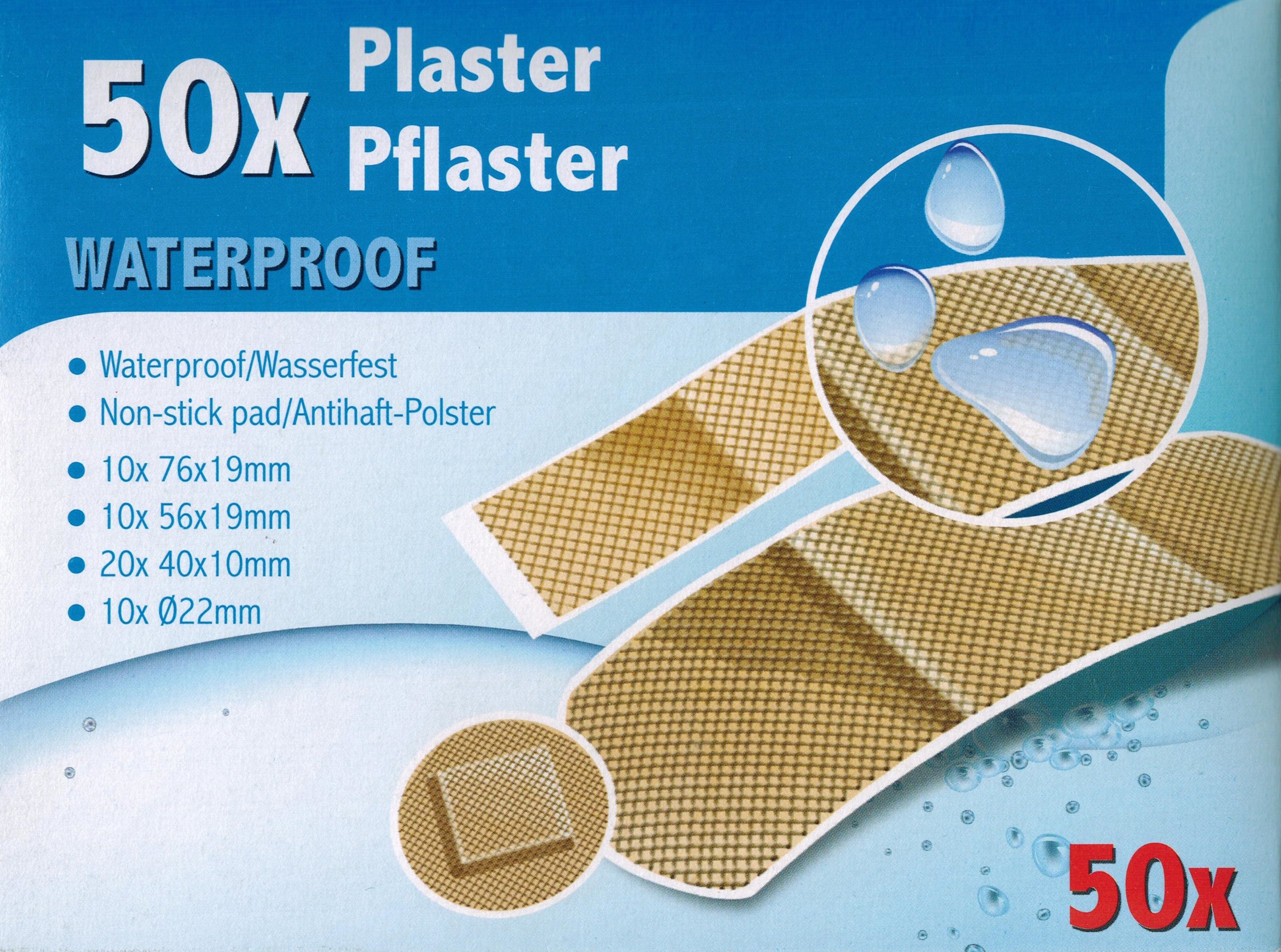 Comfort Aid Water Resistant Plasters, Does Not Stick to Wounds - 50 Pieces, Assorted Sizes