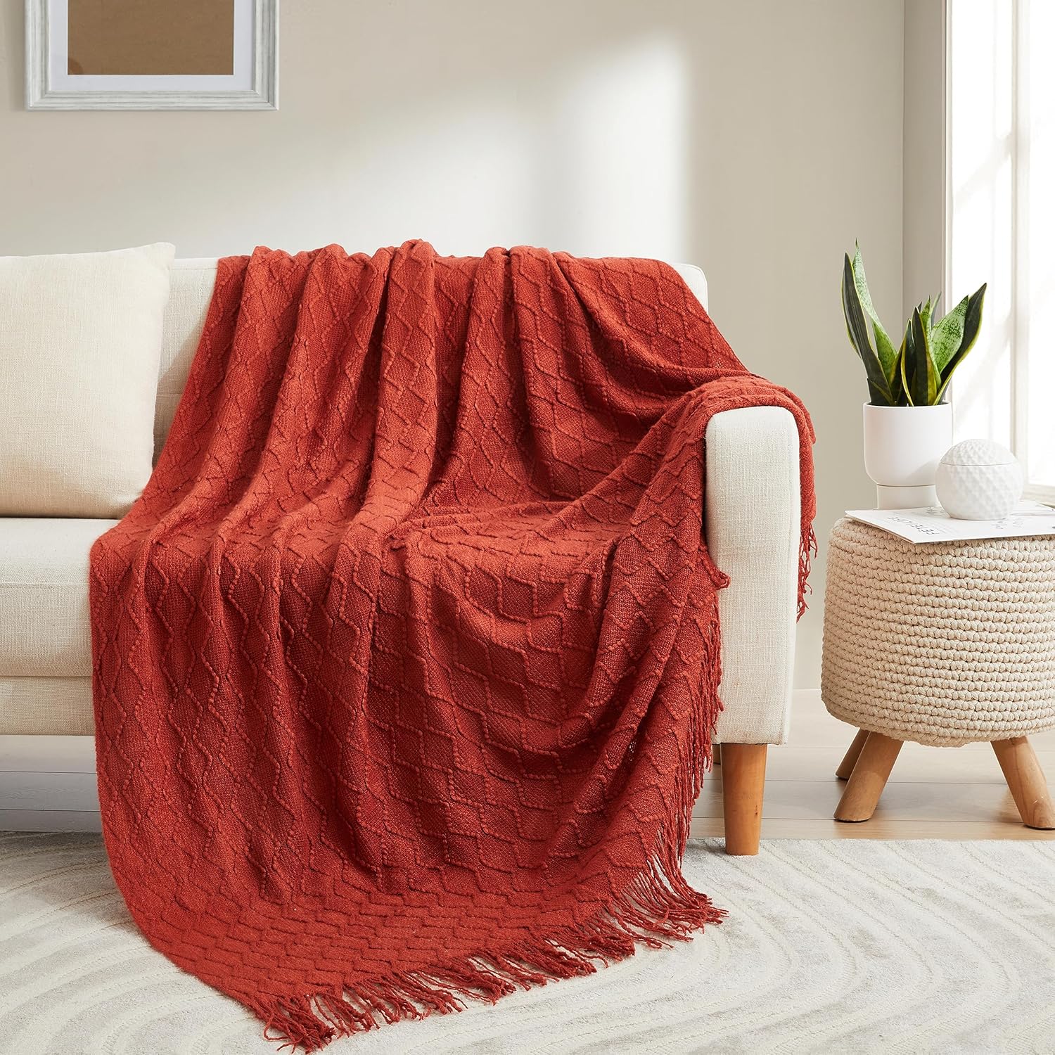 Acrylic Knitted Throw Blanket, Lightweight and Soft Cozy Decorative Woven Blanket with Tassels for Couch, Bed, Sofa, Travel, Suitable for All Seasons, 50 x 60 Inches, Rust - Image 5