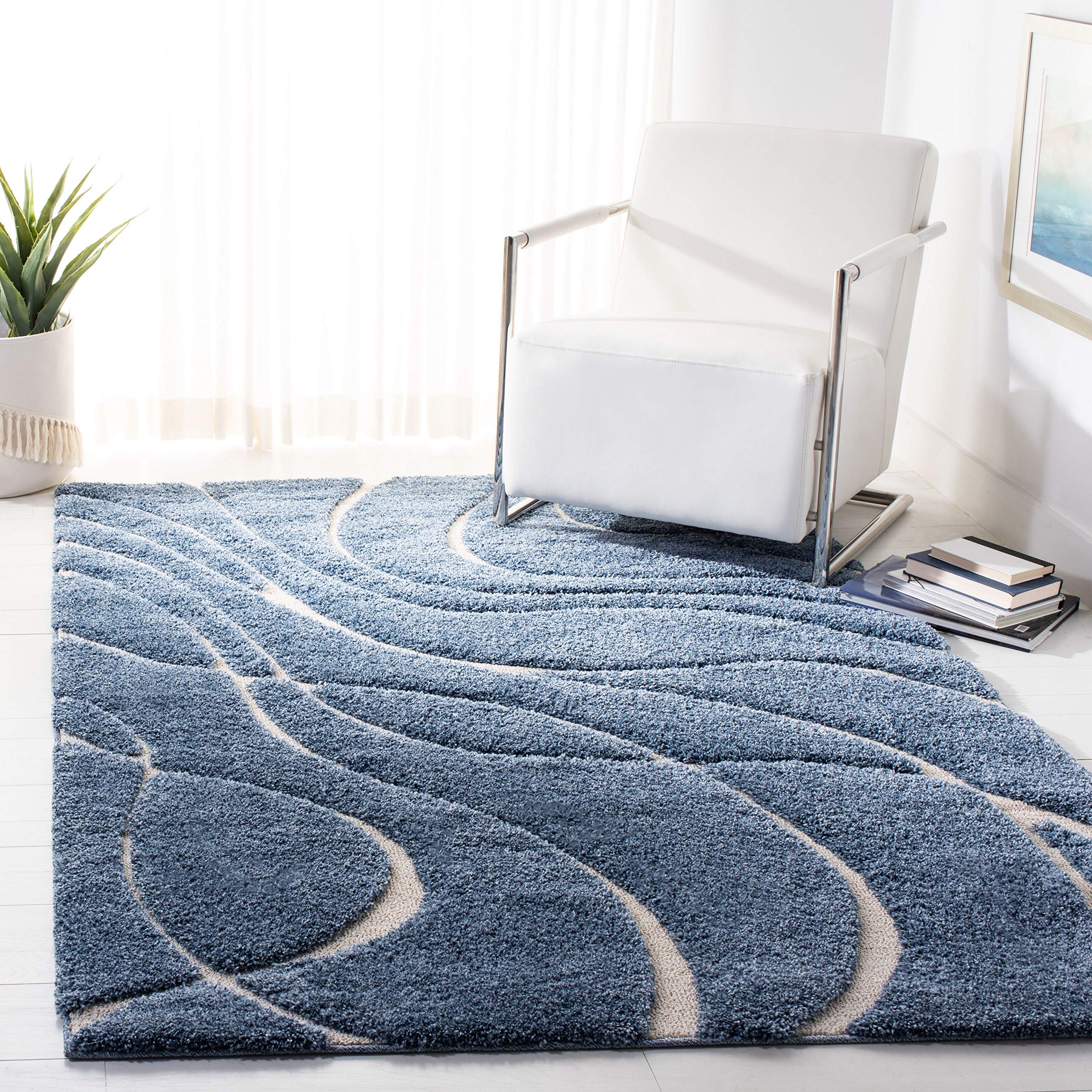 SAFAVIEH Florida Shag Collection 5'3" x 7'6" Light Blue/Cream SG471 Abstract Wave Non-Shedding Living Room Bedroom Dining Room Entryway Plush 1.2-inch Thick Area Rug