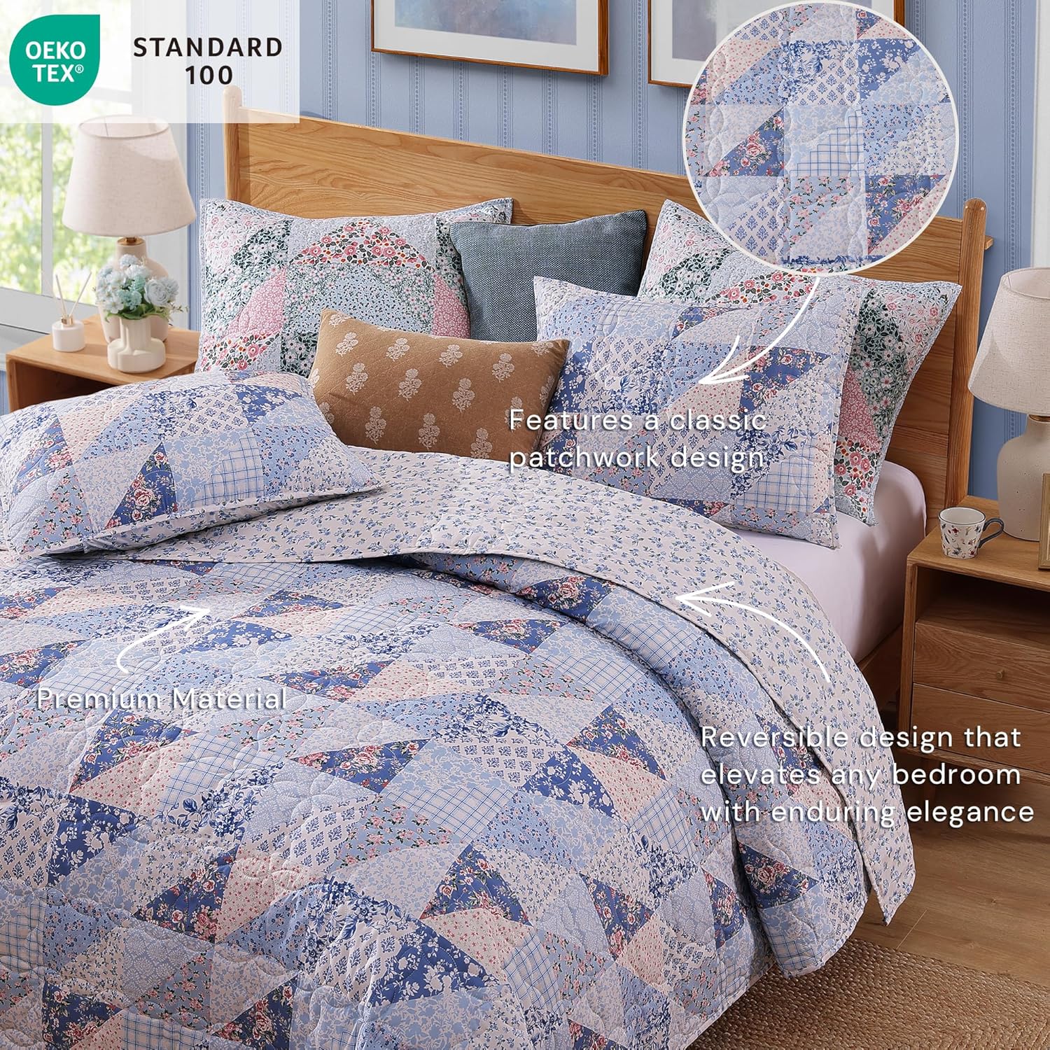 Quilt Set Queen Size, Patchwork Blue Pink Marigold Floral Quilt Sets, Reversible Bedspread Lightweight and Breathable for All Seasons, Soft Quilted Bedspread with 2 Pillow Shams - Image 5