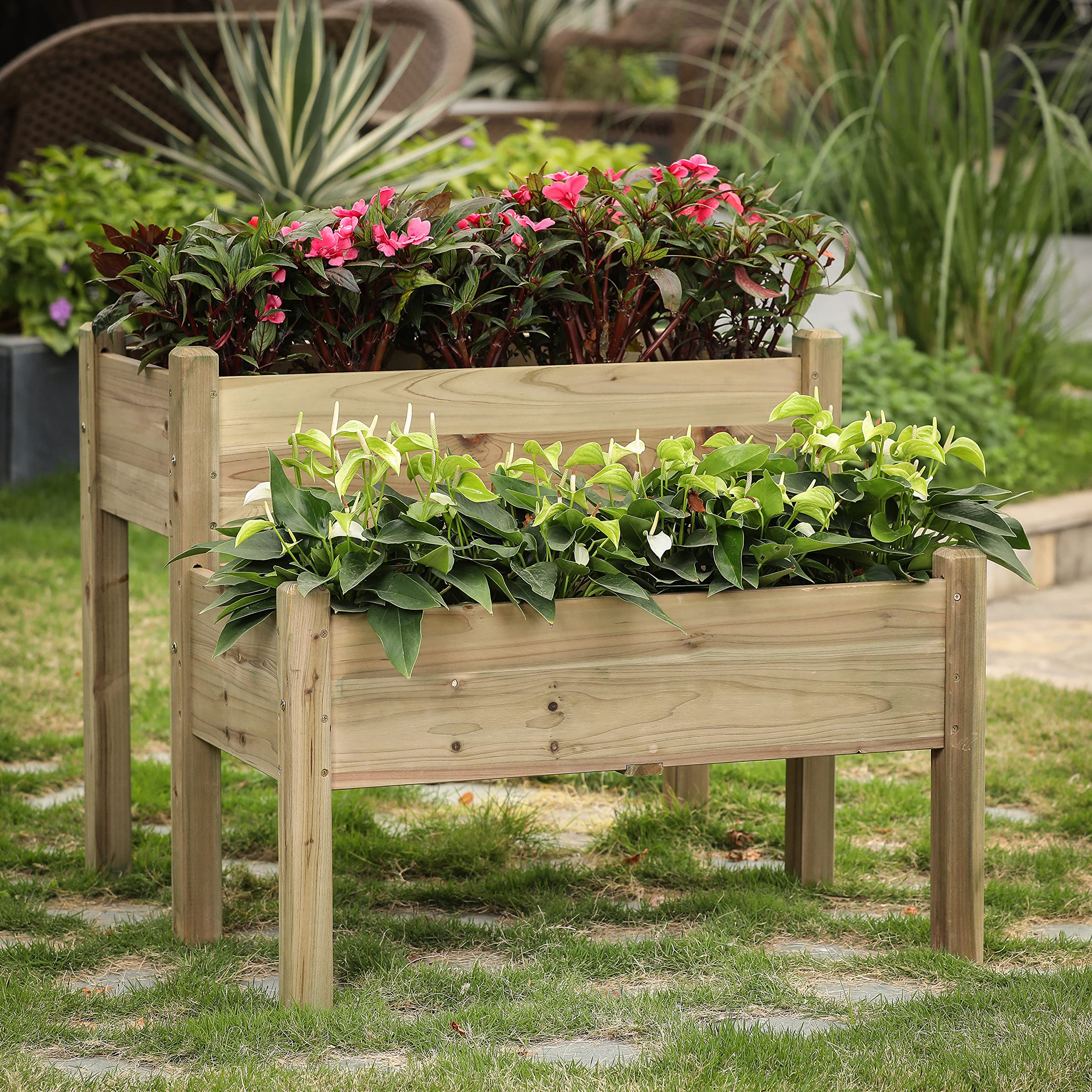 LuxenHome Wood Two Tier Raised Garden Bed