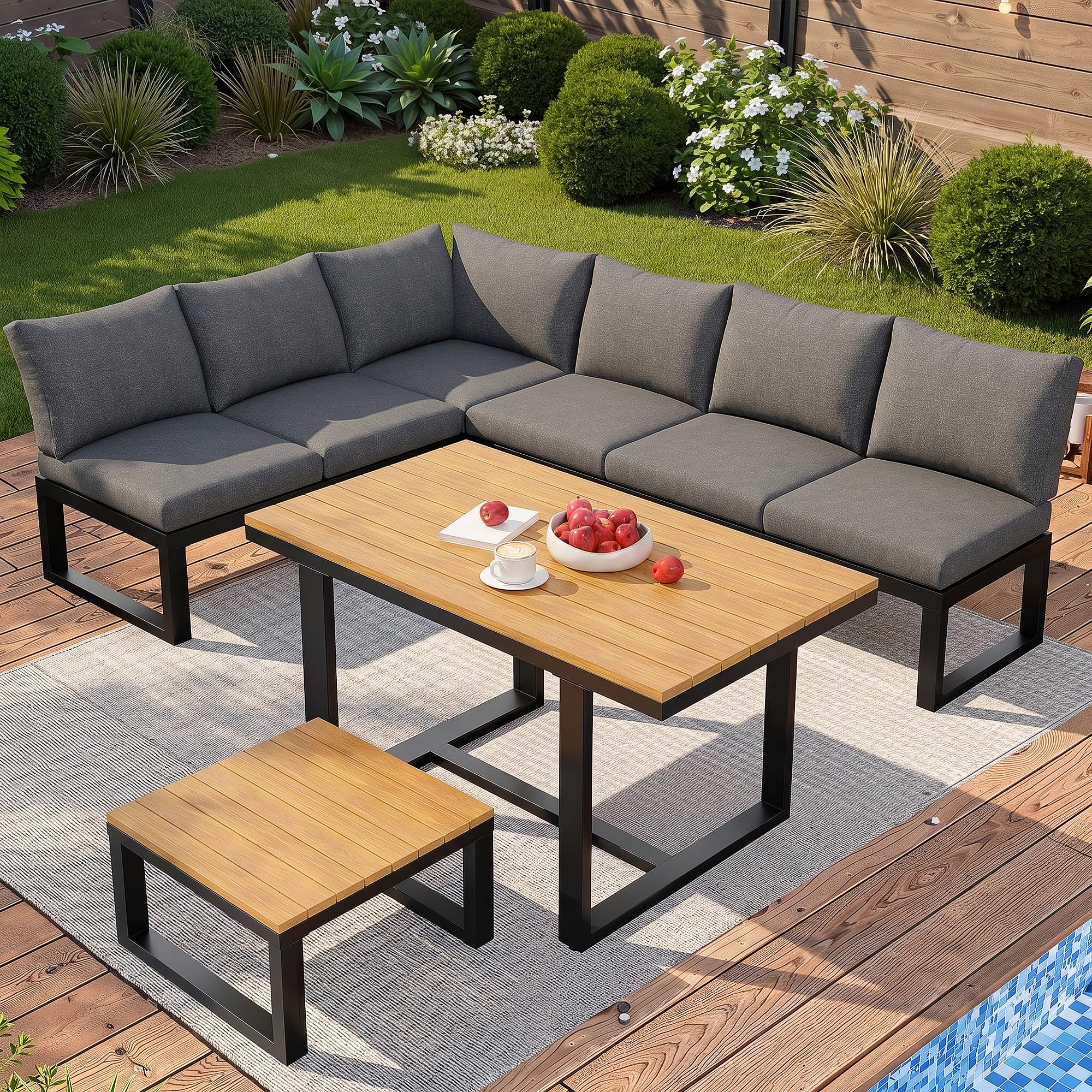 Sapgaks Ensemble de Salon de Jardin extérieur pour 6 Personnes avec Dossier réglable,canapé d'angle avec Table et Table Basse,Structure en Acier résistant aux intempéries (Gris-11)