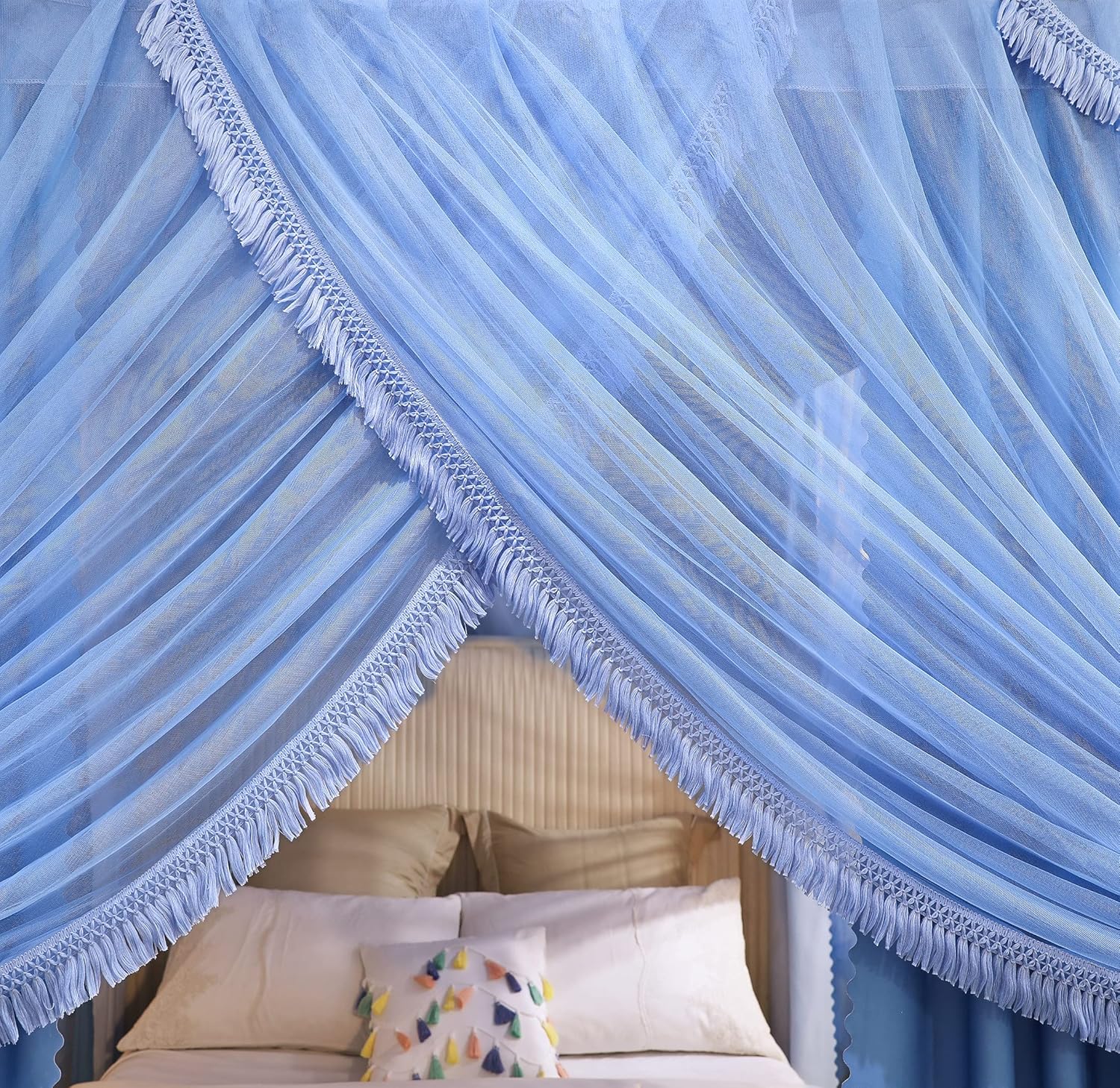 Mengersi Bed Canopy,Boho Tassel Canopy Bed Curtains,Bed Canopies Drapes for Gilrs Adults-Royal Luxurious Cozy Drapes - Princess Bedroom Decoration Accessories (Blue, Queen)