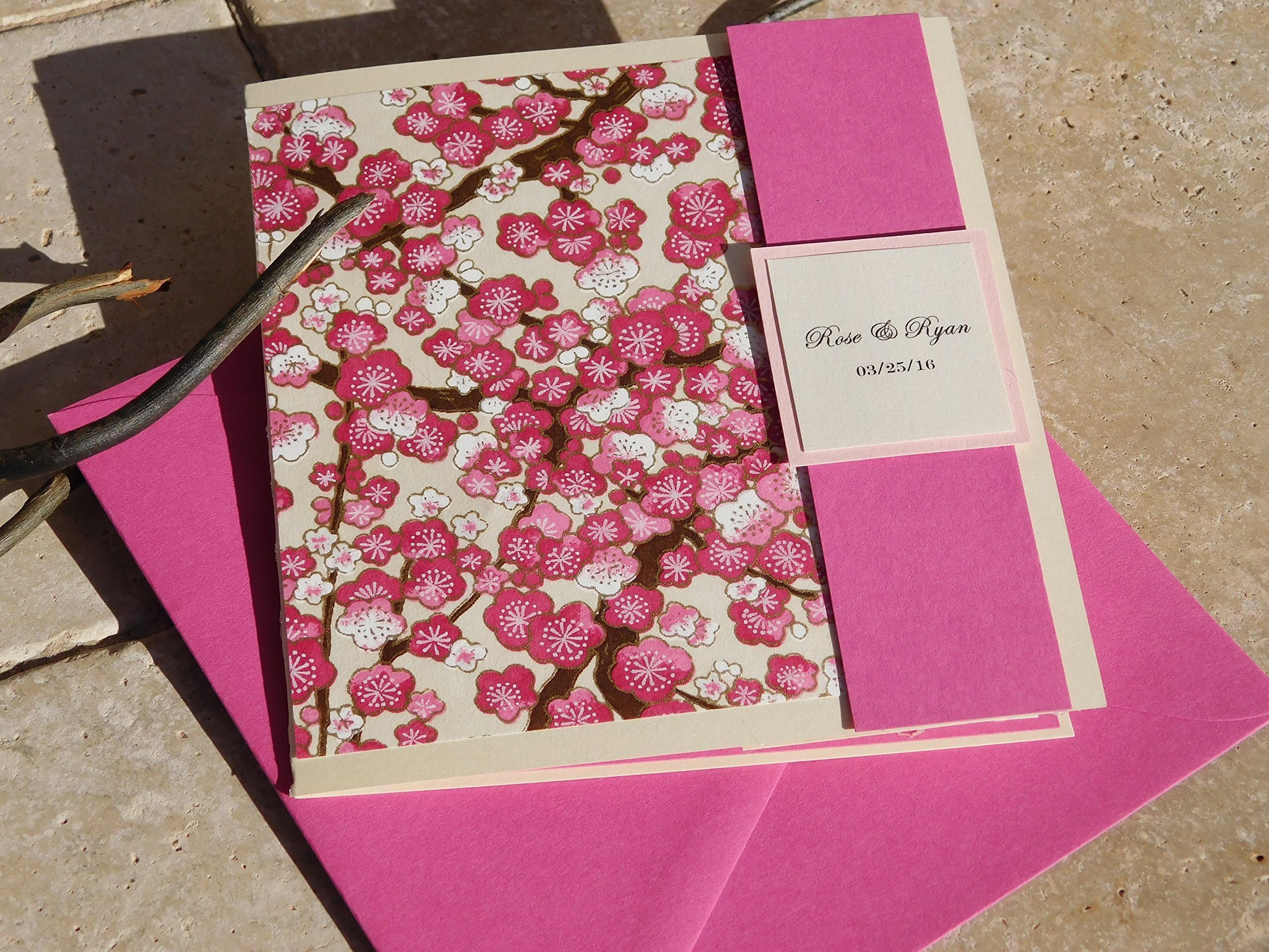 Beautifully Handcrafted Cherry Blossom Invites.Set of 25 Customized Pocket-fold Wedding Invitations. Fuchsia Card, Japanese, Chinese.