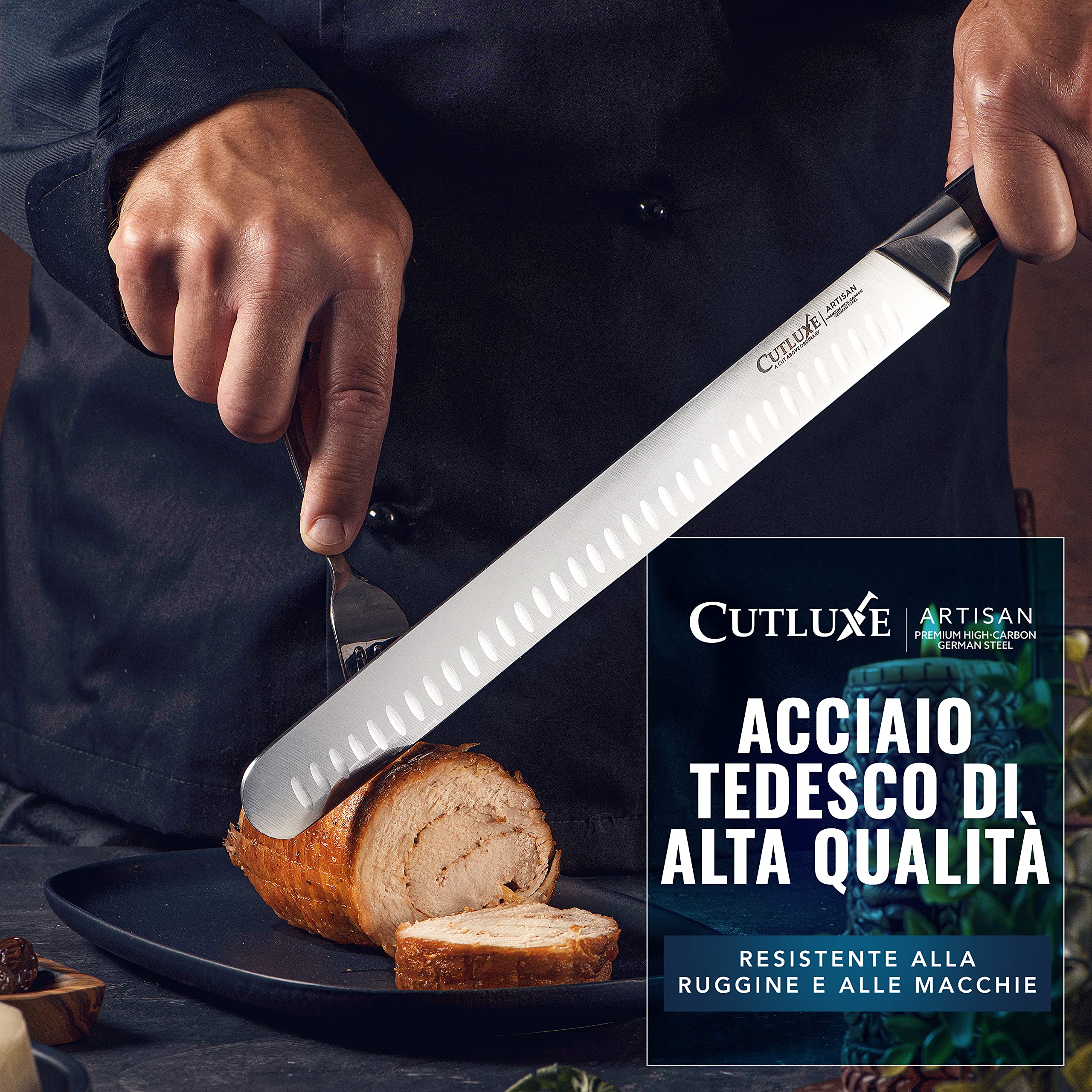 Cutluxe Coltello da Prosciutto Professionale - 30cm Coltello per Affettare Salumi e Carne - Acciaio al Carbonio, Lama Affilata e Resistente con fodero - Artisan Series