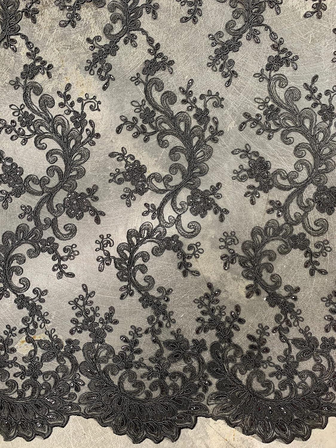 Melody Black Polyester Floral Embroidery with Sequins on Mesh Lace Fabric by The Yard for Gown, Wedding, Bridesmaid, Prom - 10002