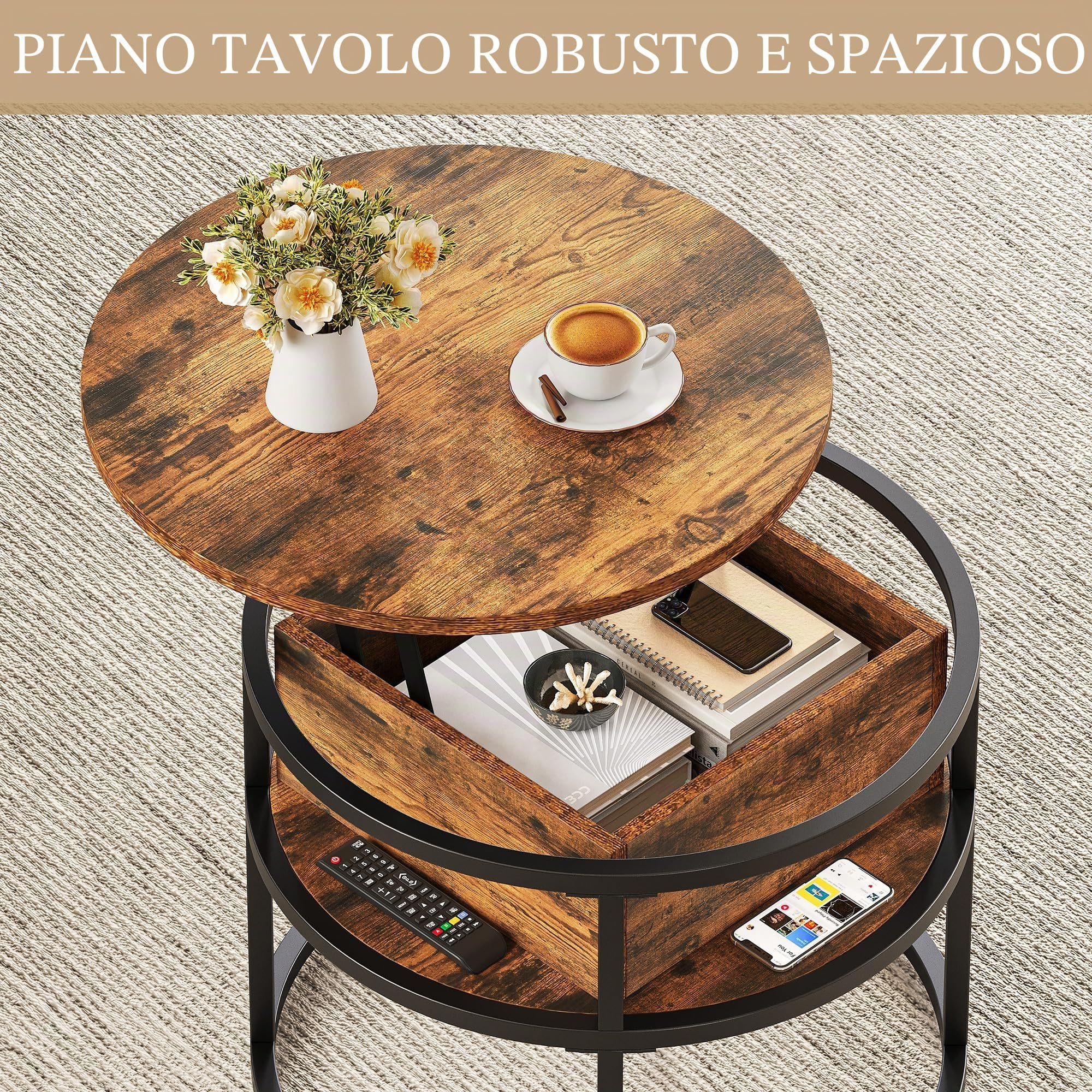 YITAHOME Tavolino Salotto Sollevabile, Tavolo da Caffè Rotondo con Scomparto Nascosto, Tavolino Soggiorno Moderno 60x60x47cm