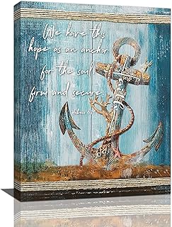 Nautical Anchor Canvas Wall Art Rustic Coastal Anchor Wall Decor Christian Bible Inspirational Quotes Pictures Painting Print Modern Artwork Framed for Bathroom Living Room Bedroom 12"x16"