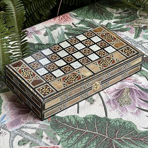 Miniatura 2 de Juego de Backgammon S y tablero de ajedrez de Líbano 3 en 1 Backgammon de madera clásico hecho a mano Incrustación de mosaico real vintage