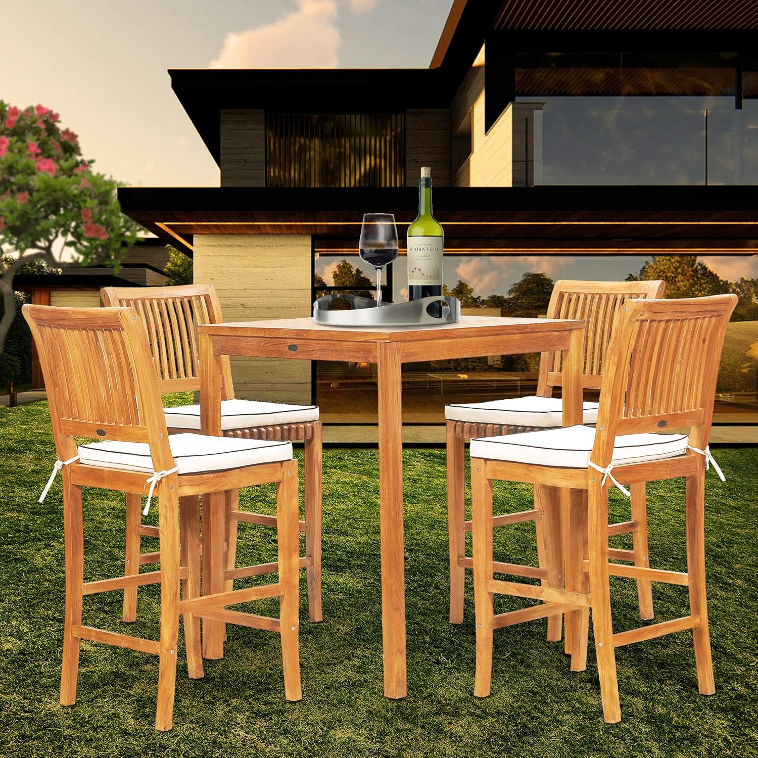 CHIC TEAK 5 Piece Teak Wood Castle Patio Bistro Bar Set with 35" Bar Table & 4 Barstools