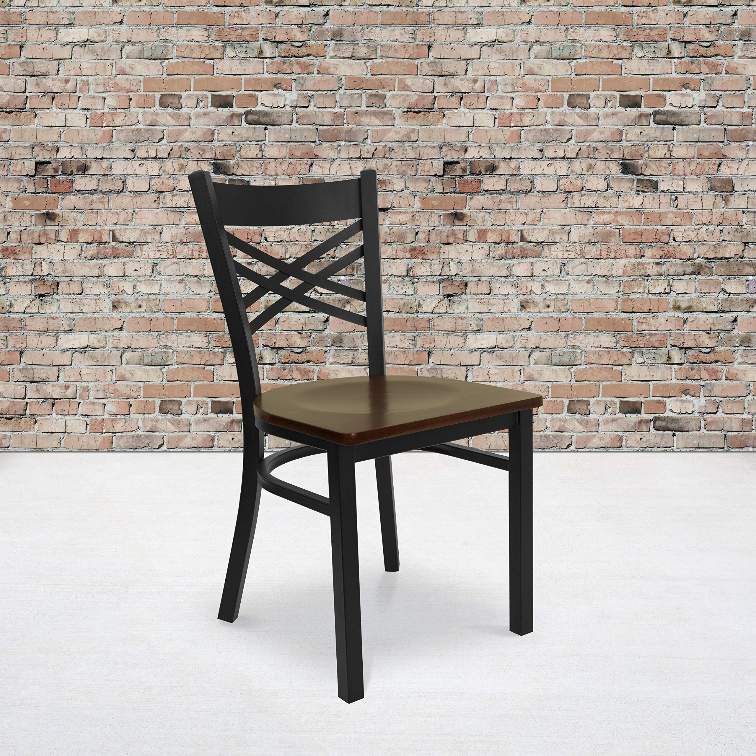 EMMA + OLIVER 2 Pack Black X Back Metal Restaurant Chair - Mahogany Wood Seat