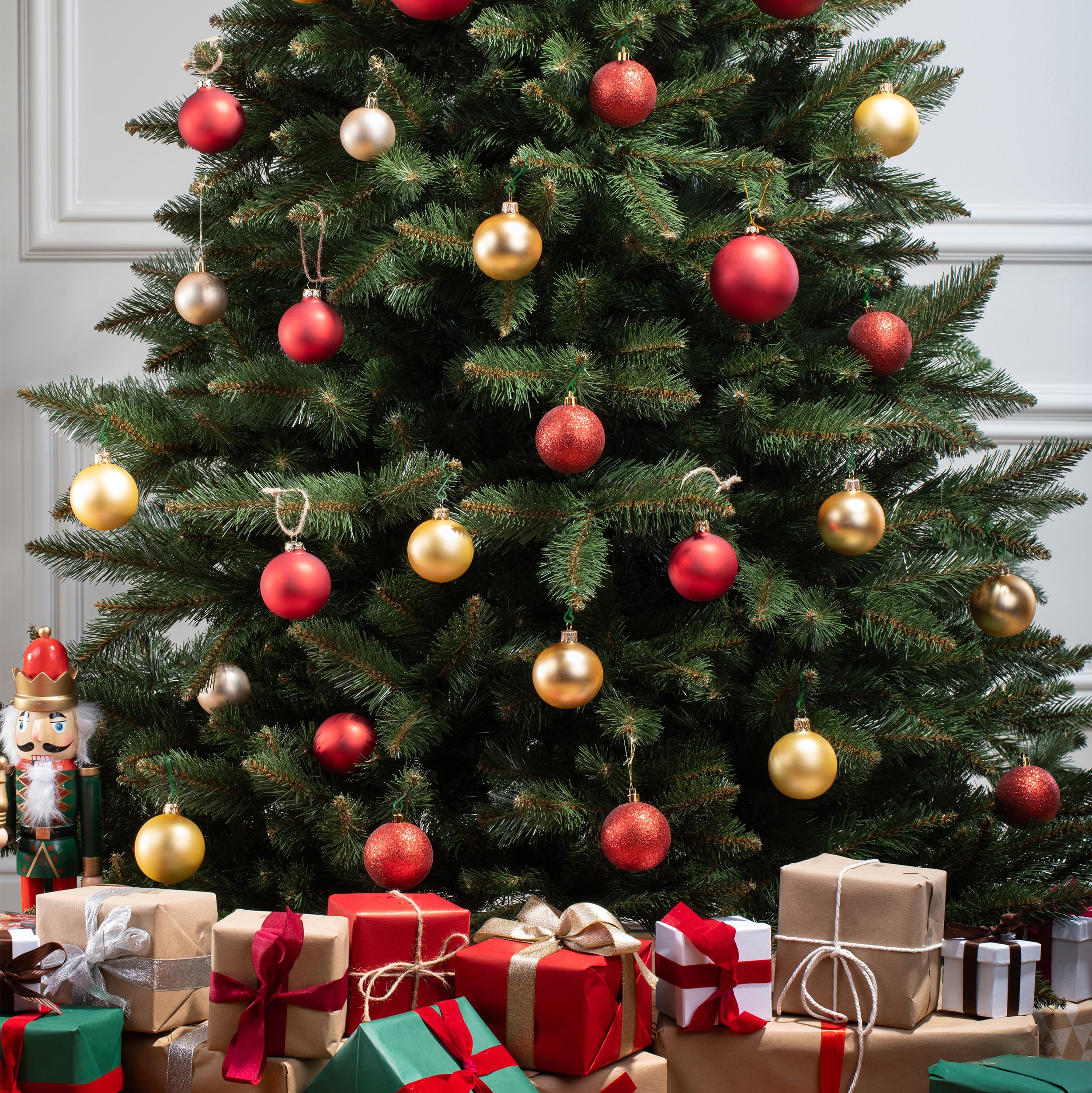 FAIRYTREES Sapin de Nordmann, Tronc Vert, Sapin de Noël Artificiel, matériel PVC, Socle en Bois, 180cm