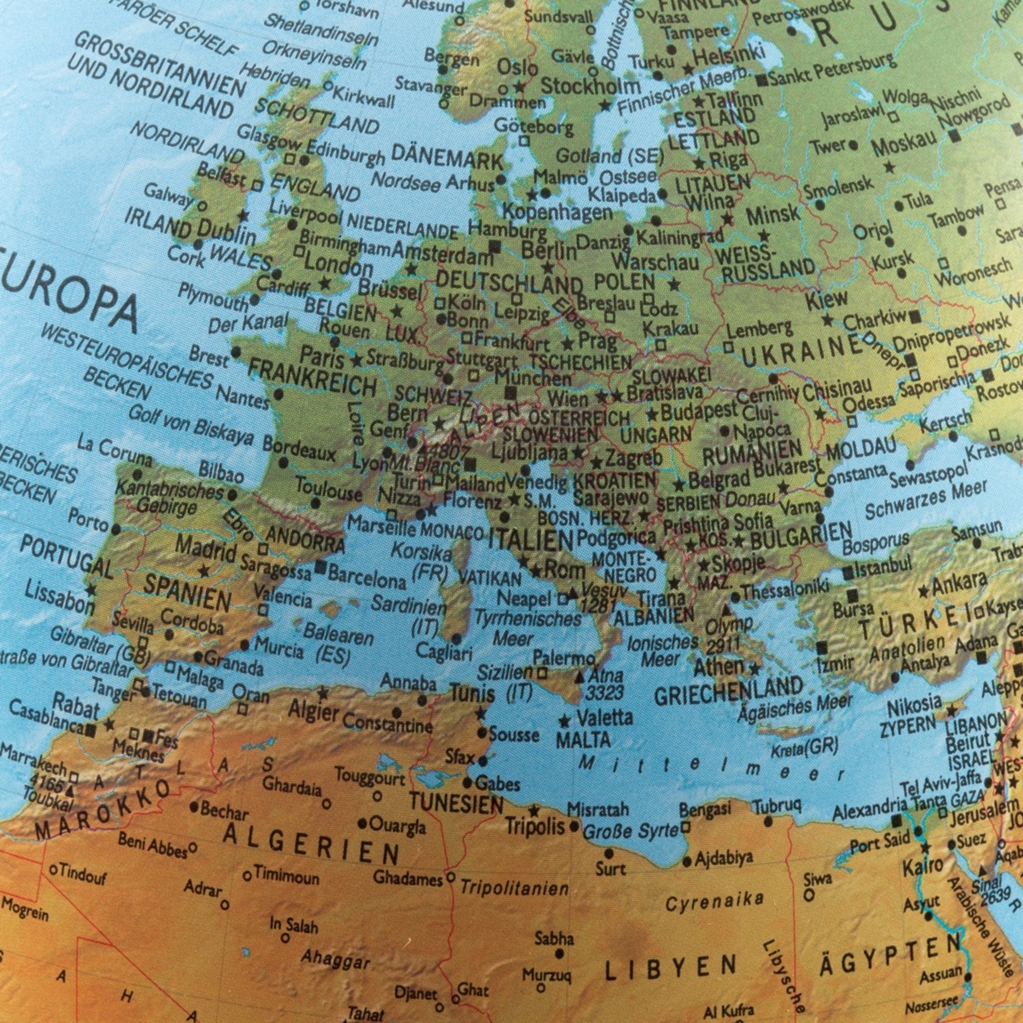 DP 4029 Leuchtglobus: Großer Leuchtglobus 40 cm Durchm., Doppelbild, verchromter Meridian, Echtholzfuß: Kartenbild: Phys./Polit (Klassischer Globus)