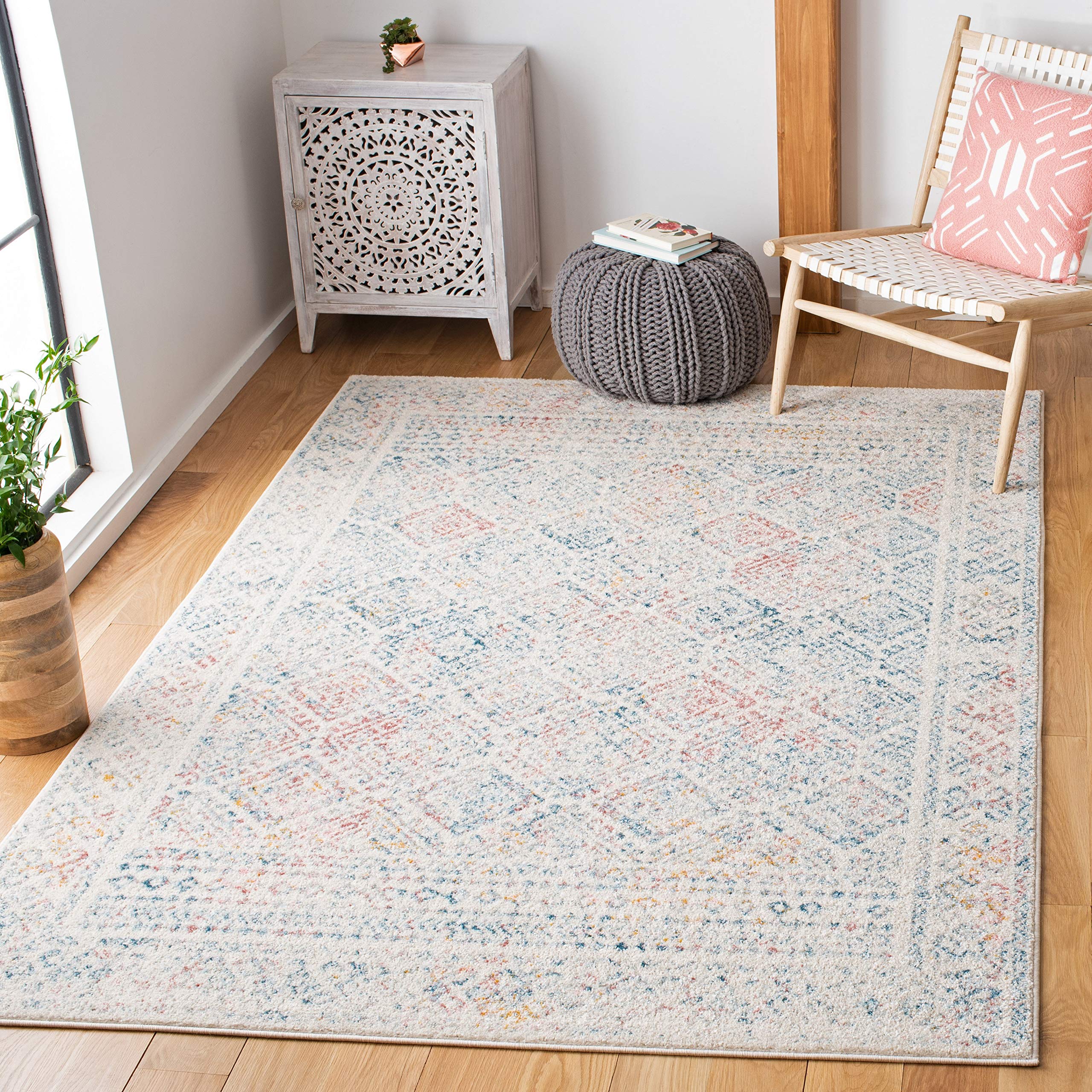 SAFAVIEH Tulum Collection Area Rug - 5' Square, Ivory & Terracotta, Moroccan Boho Distressed Design, Non-Shedding & Easy to Clean, Ideal for Living
