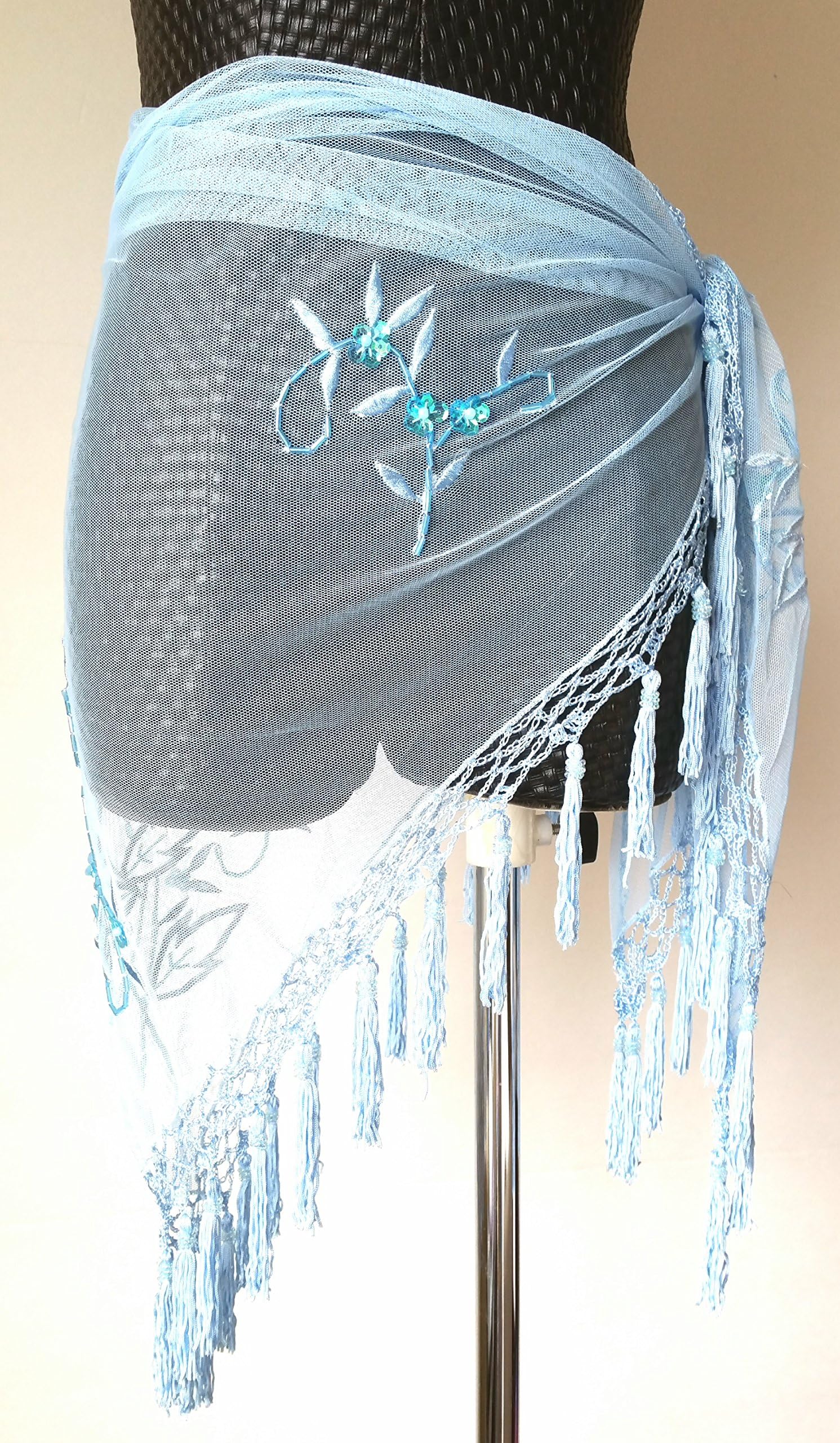Embroidery beaded triangle lace shawl hip scarf withTassels - blue
