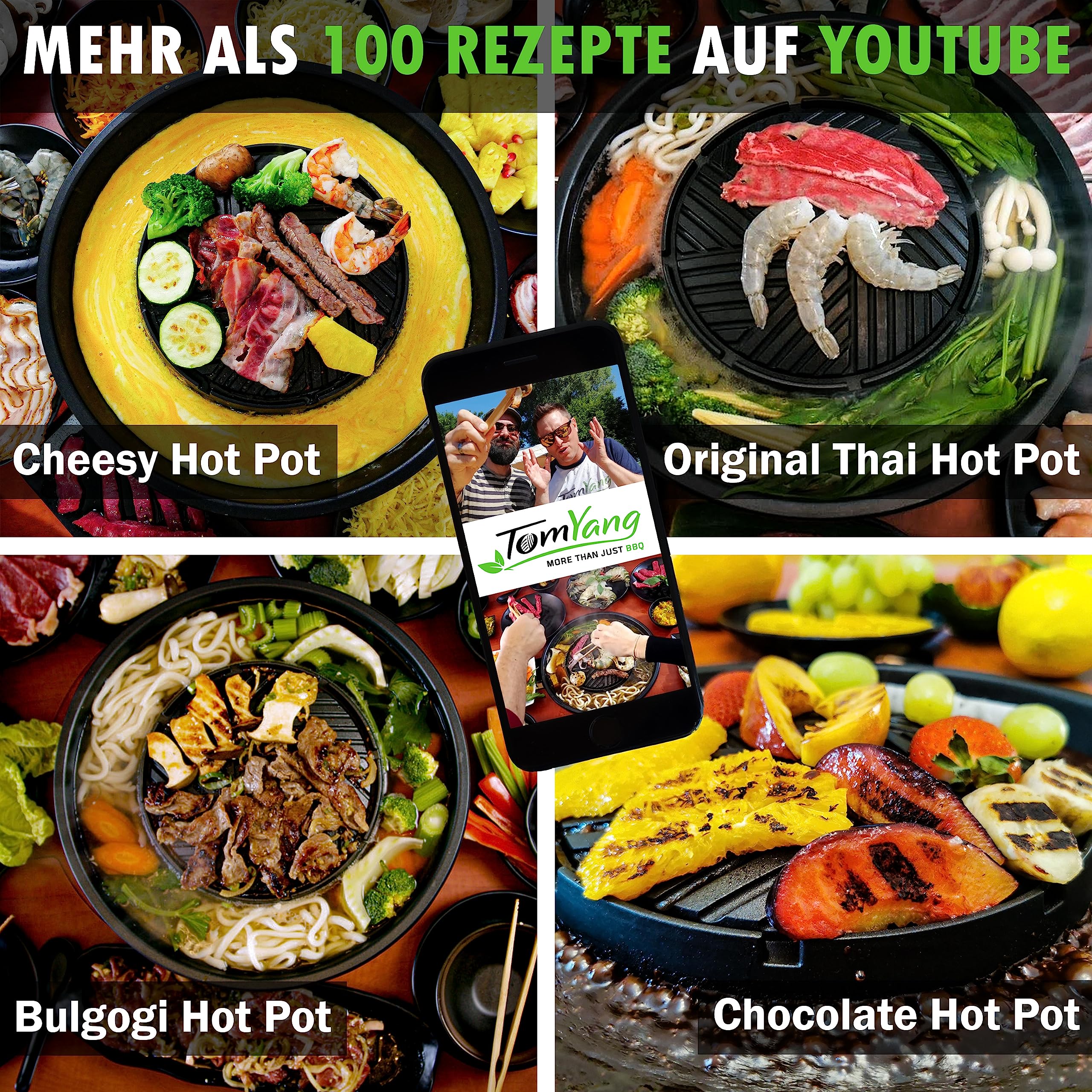 TomYang BBQ Camping Pfanne inkl. 4 Grillzangen – Original Thai Grill & Hot Pot, Korean BBQ Grill, Grillpfanne, Mookata Thai Hot Pot Topf, Antihaftbeschichtung, mehr als 100 Anleitungsvideos & Rezepte