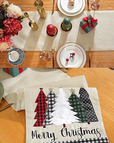 Miniatura 6 de Camino de mesa de Navidad de 70 pulgadas de largo con bordado de búfalo a cuadros, patrón de árboles de Navidad de lino, decoración de Navidad para
