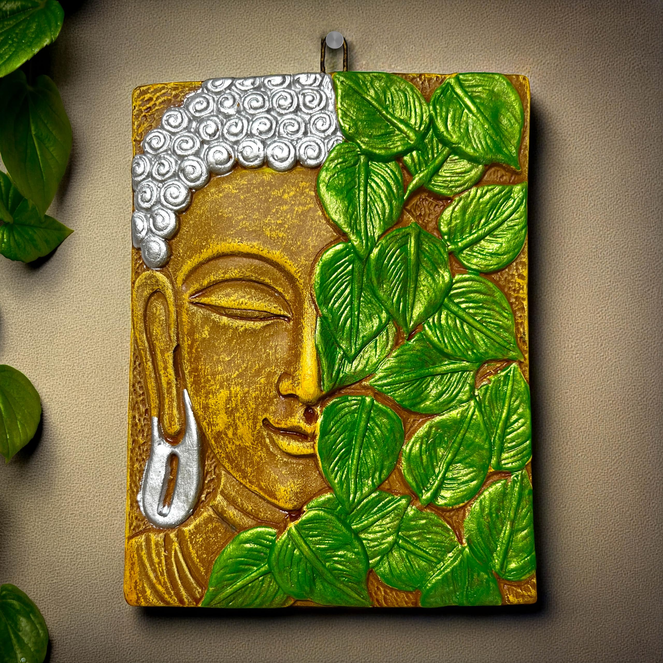 Sajawa Buddha Face Terracotta Wall Hanging Idol Murti | Buddha Spiritual Wall Art Painting Decor for Home, Living Room, 