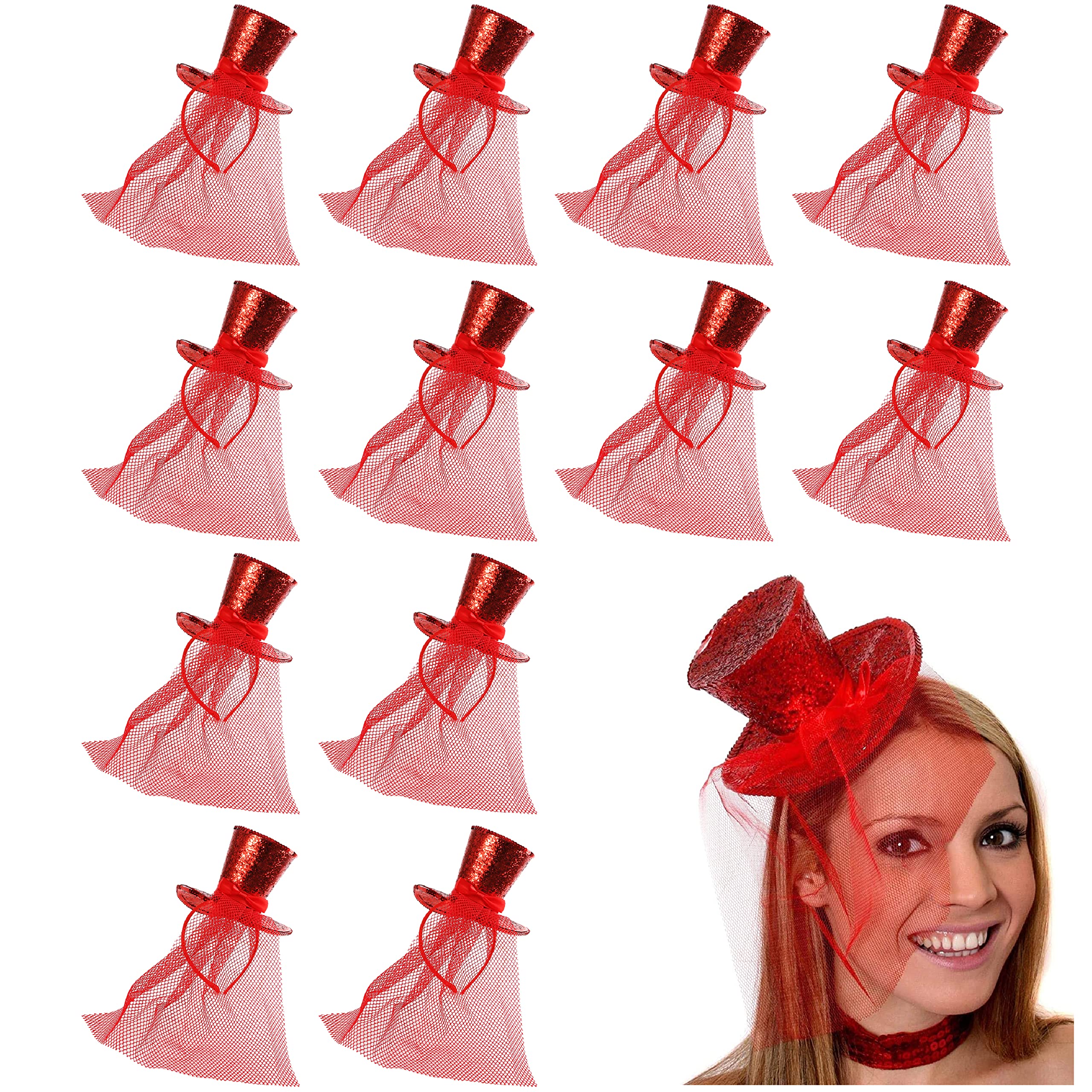 Ladies Glitter Top Hat - Pack of 1 - Mini Red Sequin Top Hat with Matching Fascinator Veil - Ladies Halloween Christmas Fancy Dress Costume Accessory
