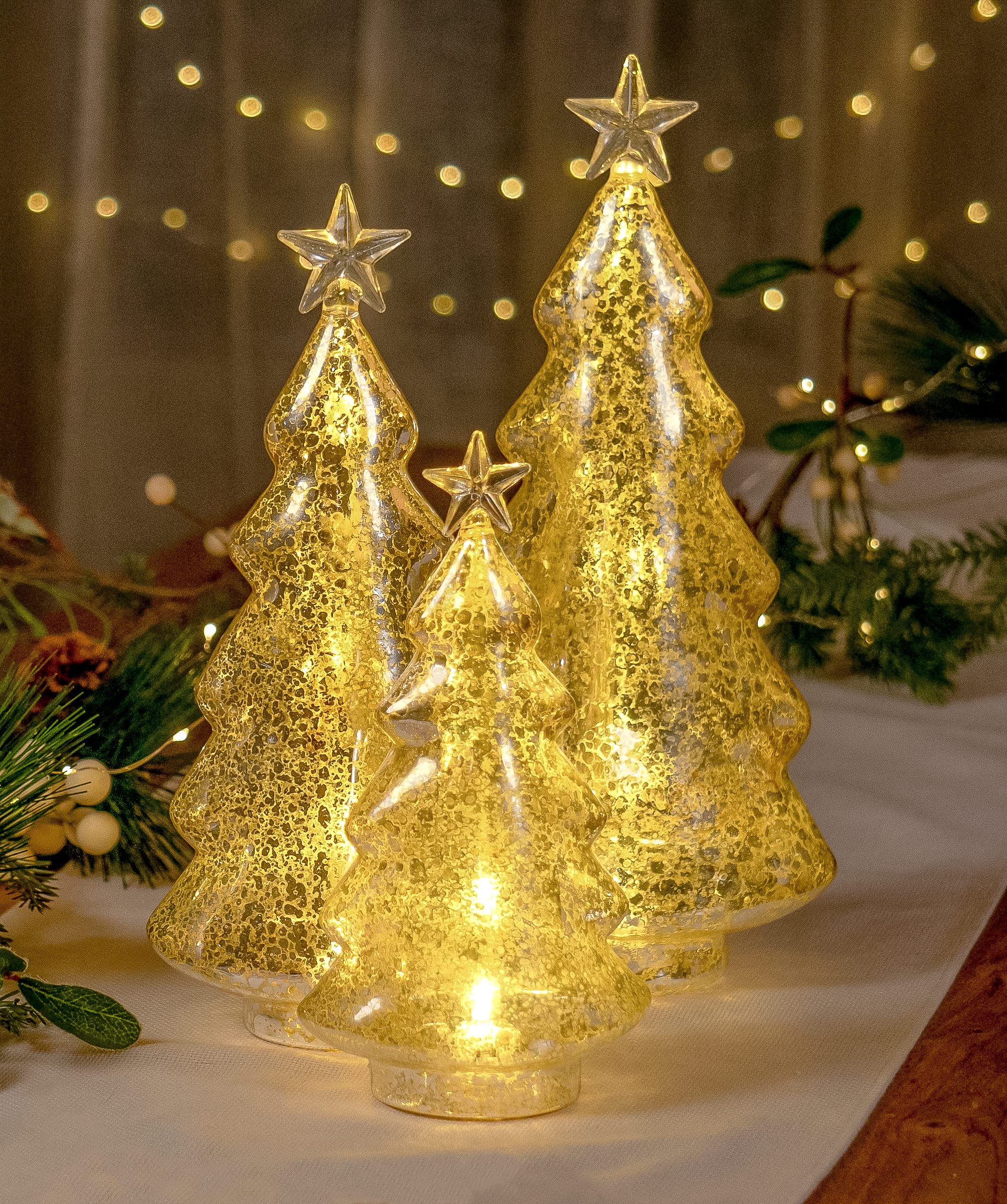 Figurines de sapin de Noël lumineuses en verre transparent déco table salon doré mercure