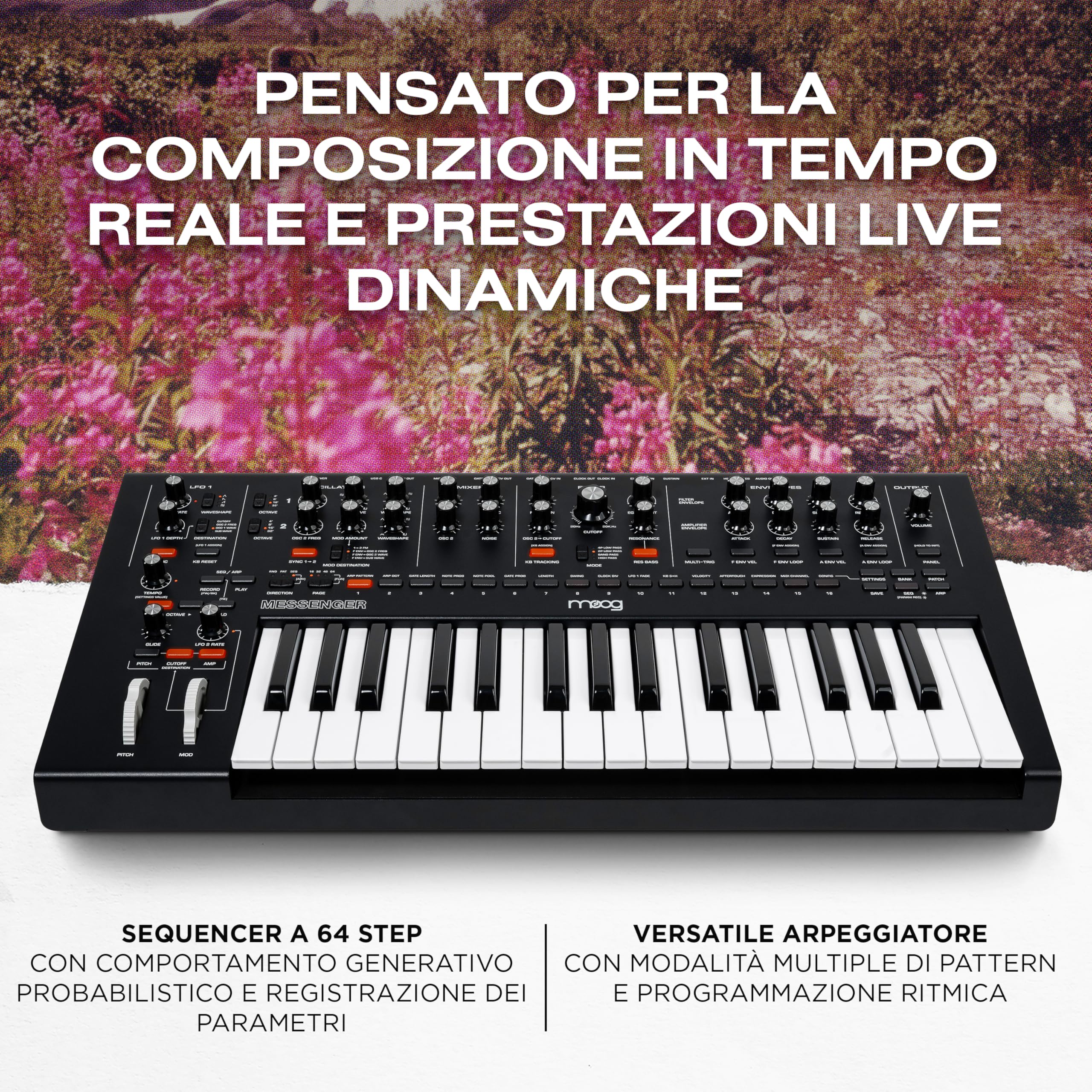 MOOG Messenger - Synth-Tastiera Analogico Monofonico di Nuova Generazione con 32 Note, Sequencer a 64 Step, 256 Preset e Compensazione RES BASS