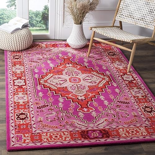 SAFAVIEH Bellagio Collection BLG545B - Alfombra decorativa de lana prémium hecha a mano con medallón de 2 pies 6 pulgadas x 4 pies, color rojo y rosa