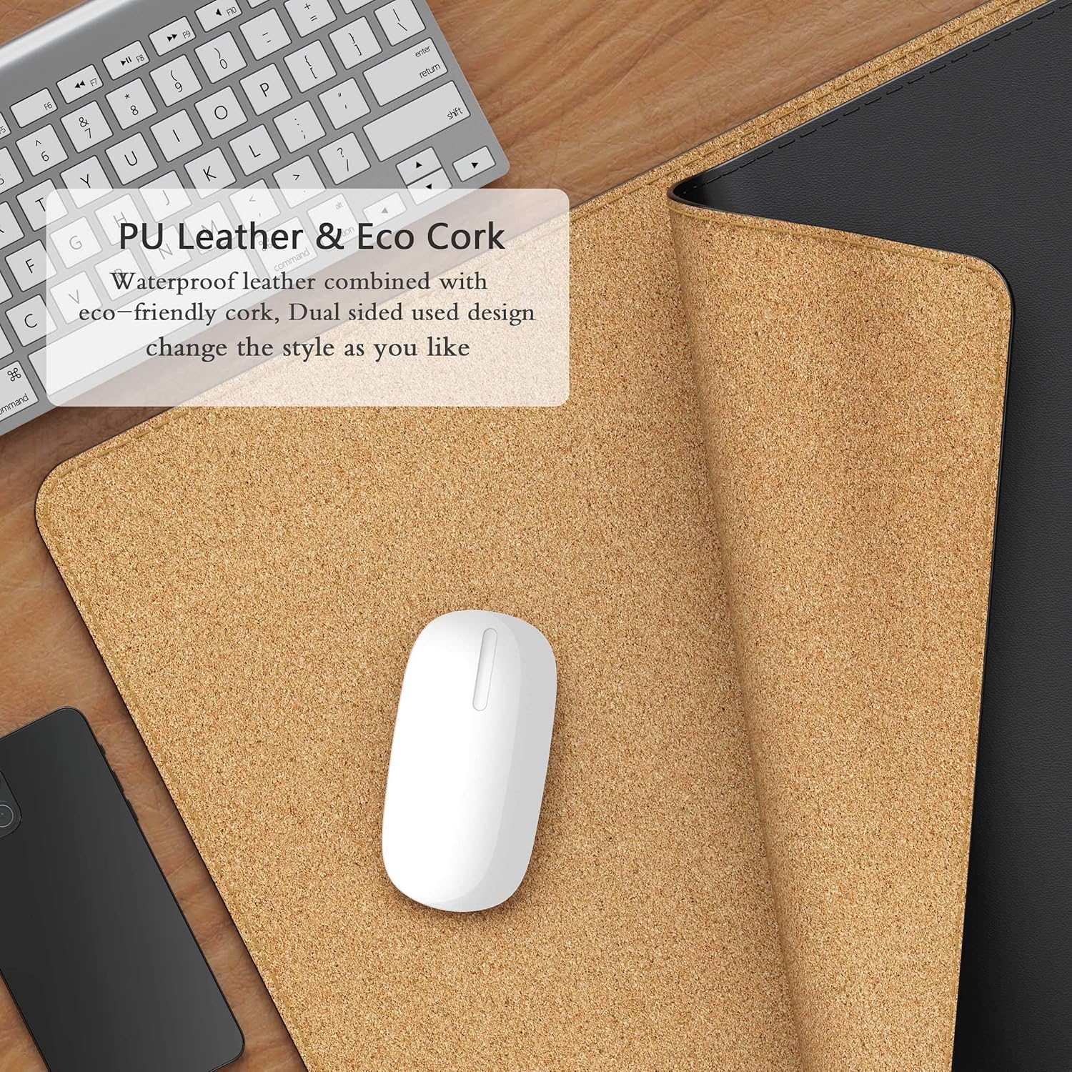 YSAGi Multifunctional Office Desk Pad, Ultra Thin Waterproof PU Leather Mouse Pad, Dual Use Desk Writing Mat for Office/Home (31.5"x15.7", Cork+Black) : Office Products