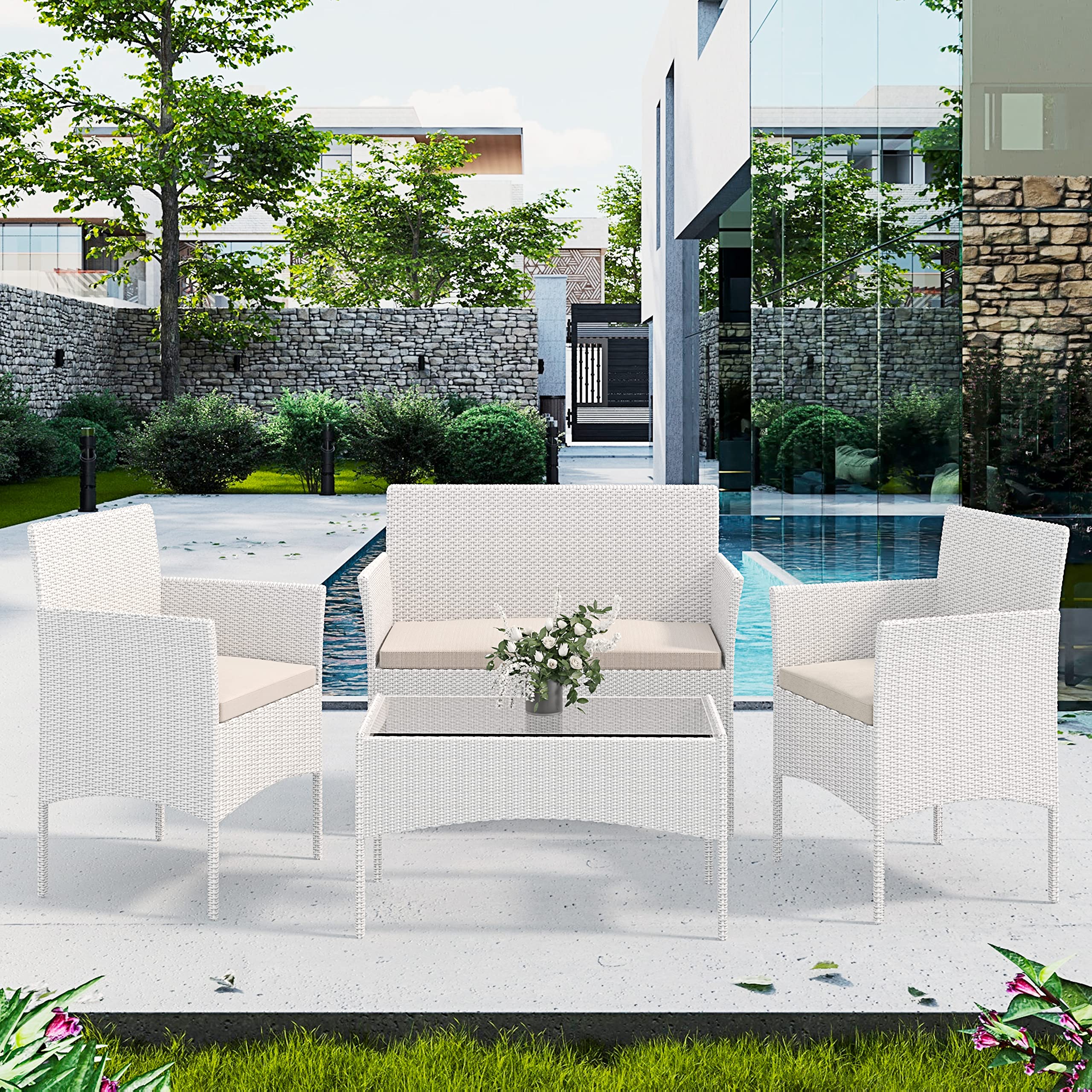 Arreditaly Ensemble de meubles de jardin salon salon en rotin 4 places avec table basse et étagère en verre 2 fauteuils et canapé 2 places pour jardin extérieur piscine coussins amovibles (blanc)