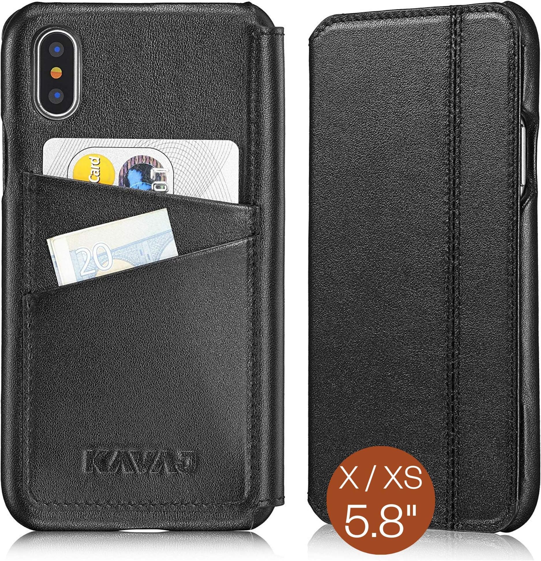 KAVAJ iPhone X/XS Case Leather"Dallas" Black, Supports Wireless Charging (Qi), Slim-Fit Genuine Leather iPhone X Wallet Case Leather Flip Case Folio With Business Card Holder Cover Book Case