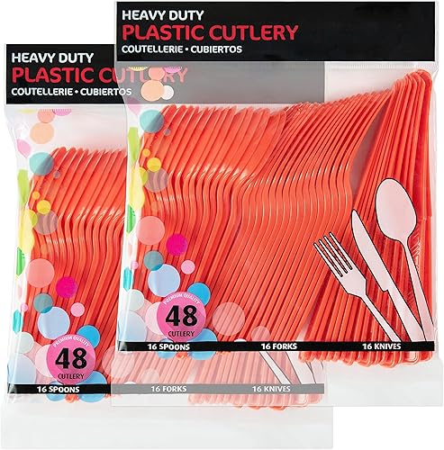 Miniatura 7 de DecorRack Juego de cubiertos de plástico, juego de cubiertos de plástico rosa fucsia para fiestas, juego de 96 piezas de utensilios de plástico