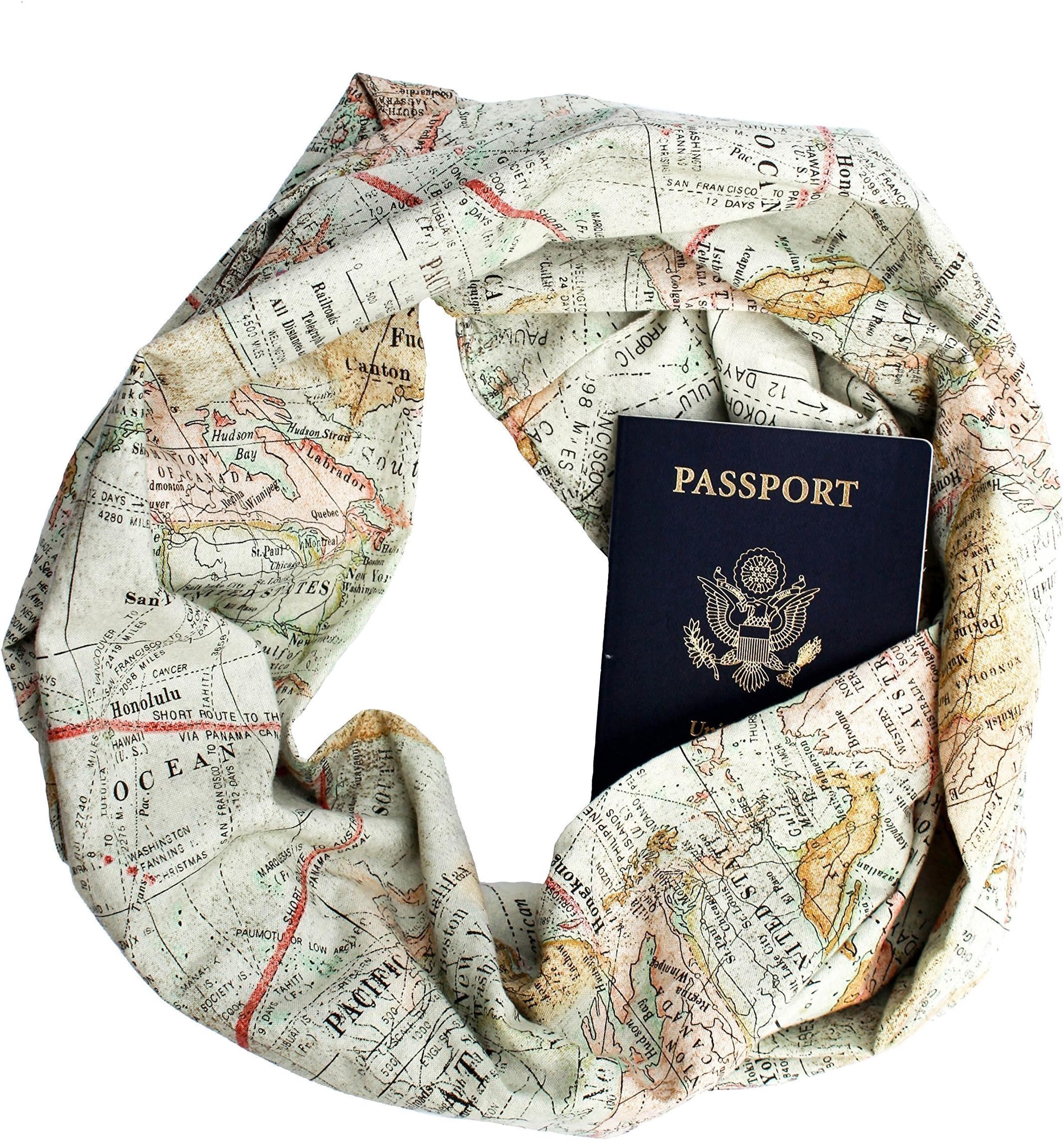 World Map Infinity Scarf with Zippered Secret Pocket