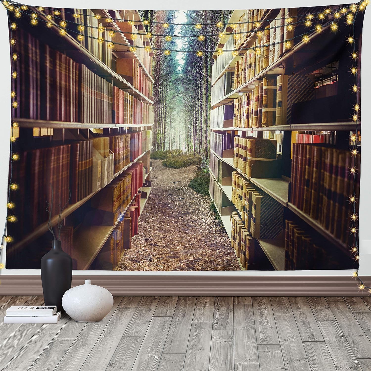 Ambesonne Bookshelf Tapestry King Size, Digital Illustration of Abstract Design Library in Forest Academic Themed Picture, Wall Hanging Bedspread Bed Cover Wall Decor, 104