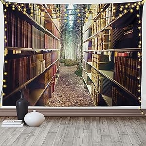 Ambesonne Bookshelf Tapestry King Size, Digital Illustration of Abstract Design Library in Forest Academic Themed Picture, Wall Hanging Bedspread Bed Cover Wall Decor, 104