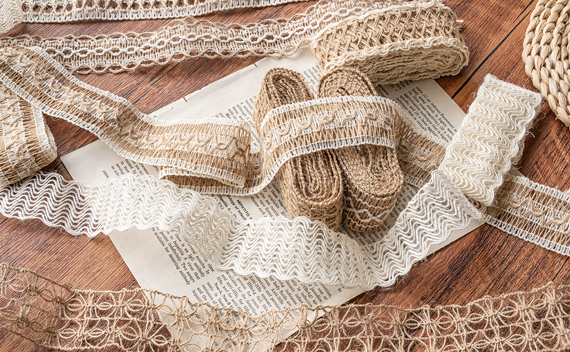 Lot De 8 Rouleaux Ruban Jute Avec Dentelle - Naturel - Pour Artisanat, Emballage Cadeau - Style Rustique