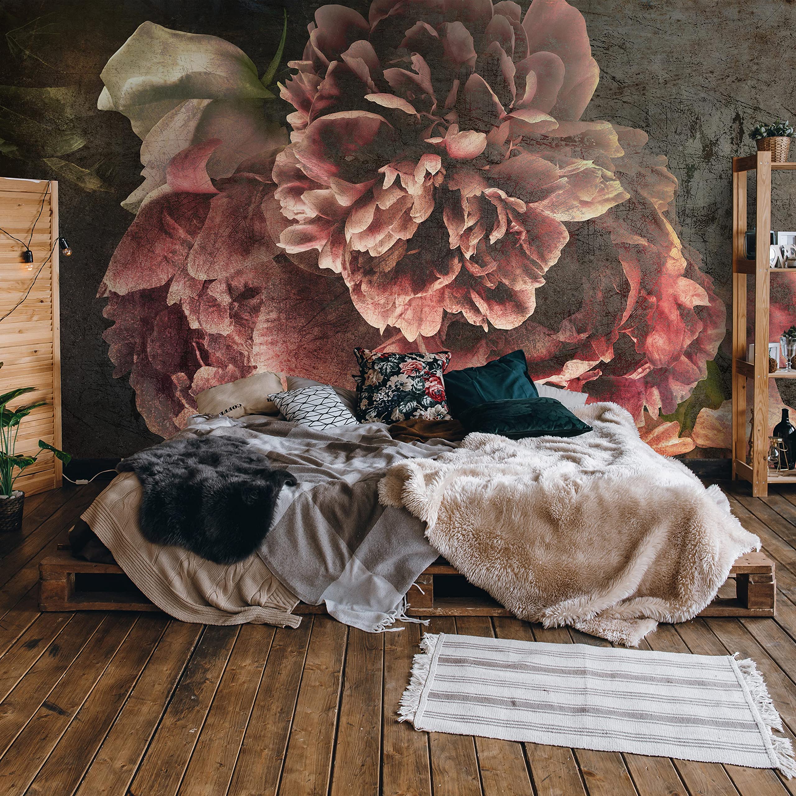 WallArena - Carta da parati fotografica - Fiori, Vintage, Murale fotografico - Per soggiorno e camera da letto - Effetto 3D - con Colla - Peonie, Peonie, Cemento