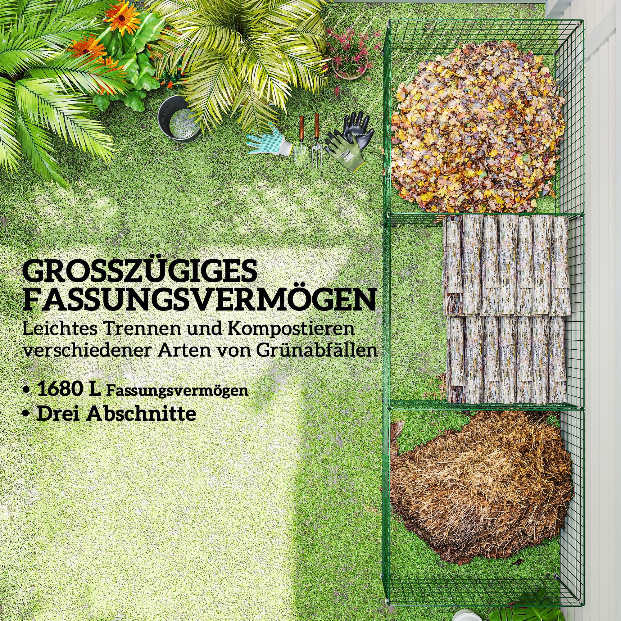 Outsunny Komposter 1680 Liter, 270 x 90 x 70 cm 3-teilig Schnellkomposter aus Stahl, wetterfest Thermokomposter mit offenem Gitterdesign, Gartenkomposter, Kompostbehälter für Garten, Küchen, Balkon