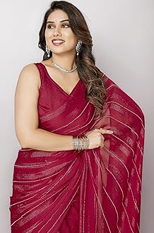 VAIRAGEE Women Soft Rimzim Silk Striped Pattern Ready To Wear Embroidery Saree (2055)