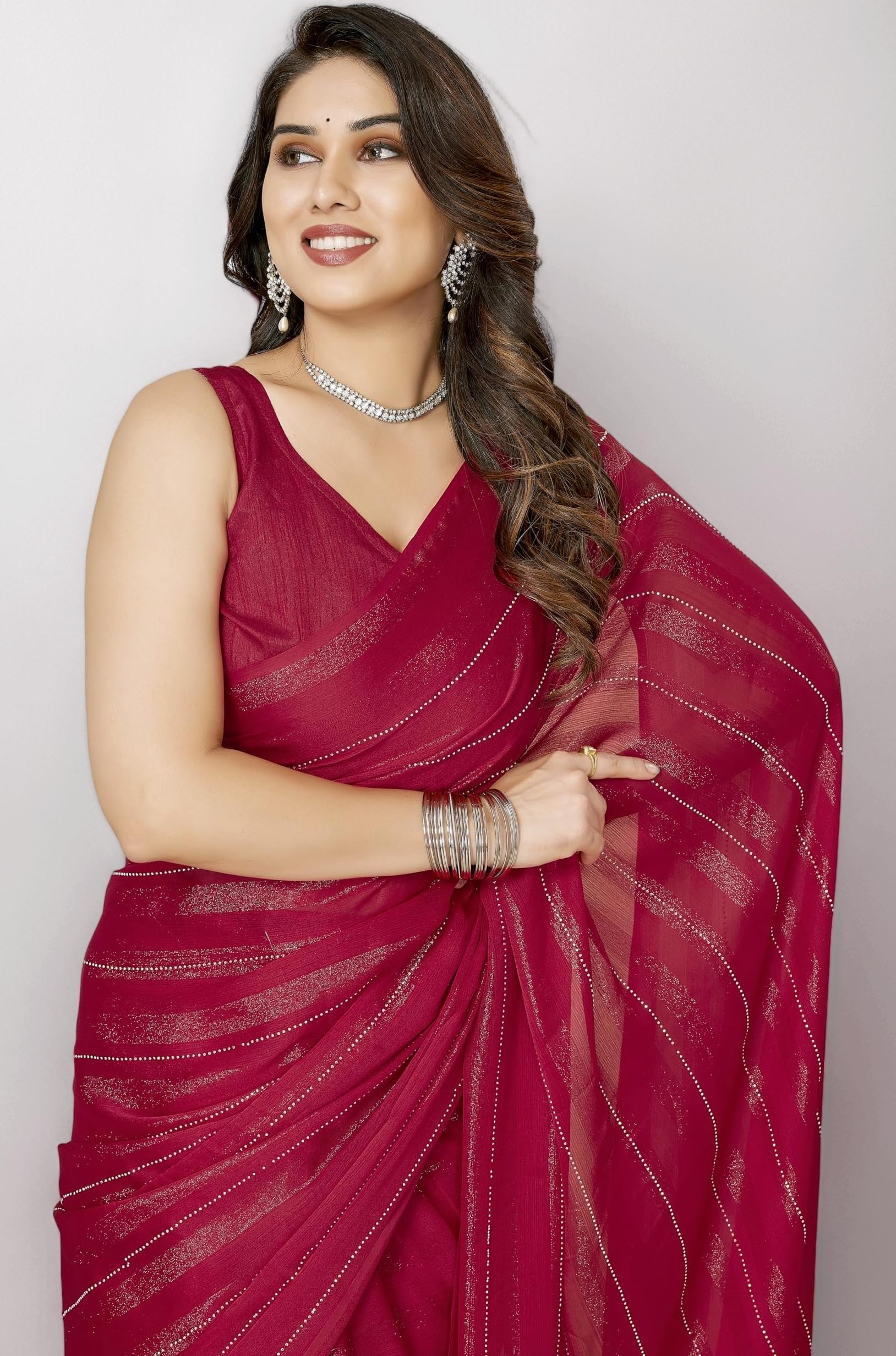 VAIRAGEE Women Soft Rimzim Silk Striped Pattern Ready To Wear Embroidery Saree (2055)