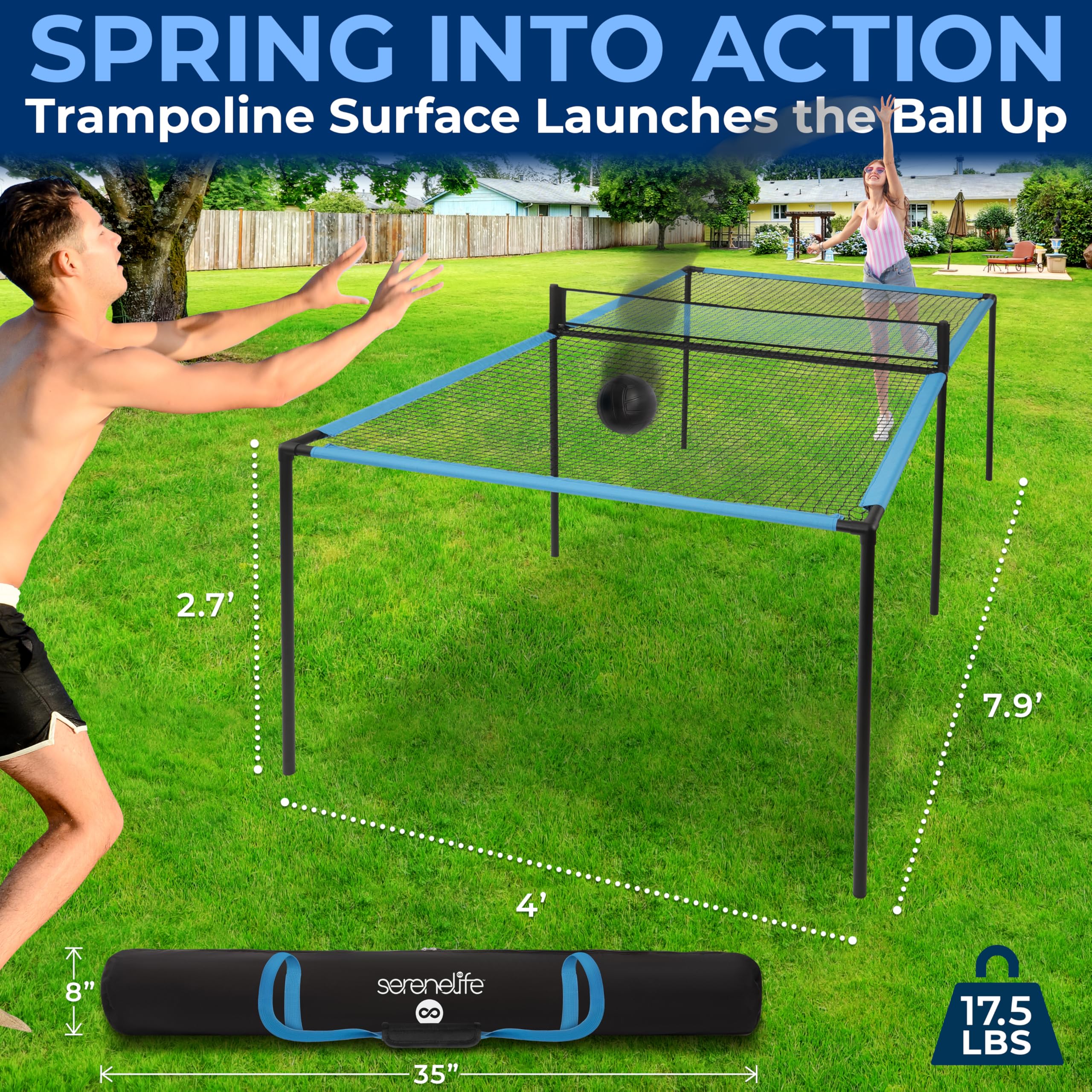 SereneLife Trampoline Ping Pong Table - Heavy Duty Powder Coated Steel Frame and Connectors - Full Size 94" - Hand Pong Game Table with Paddles, Small, Large Balls - Indoor/Outdoor, Beach, Game Room
