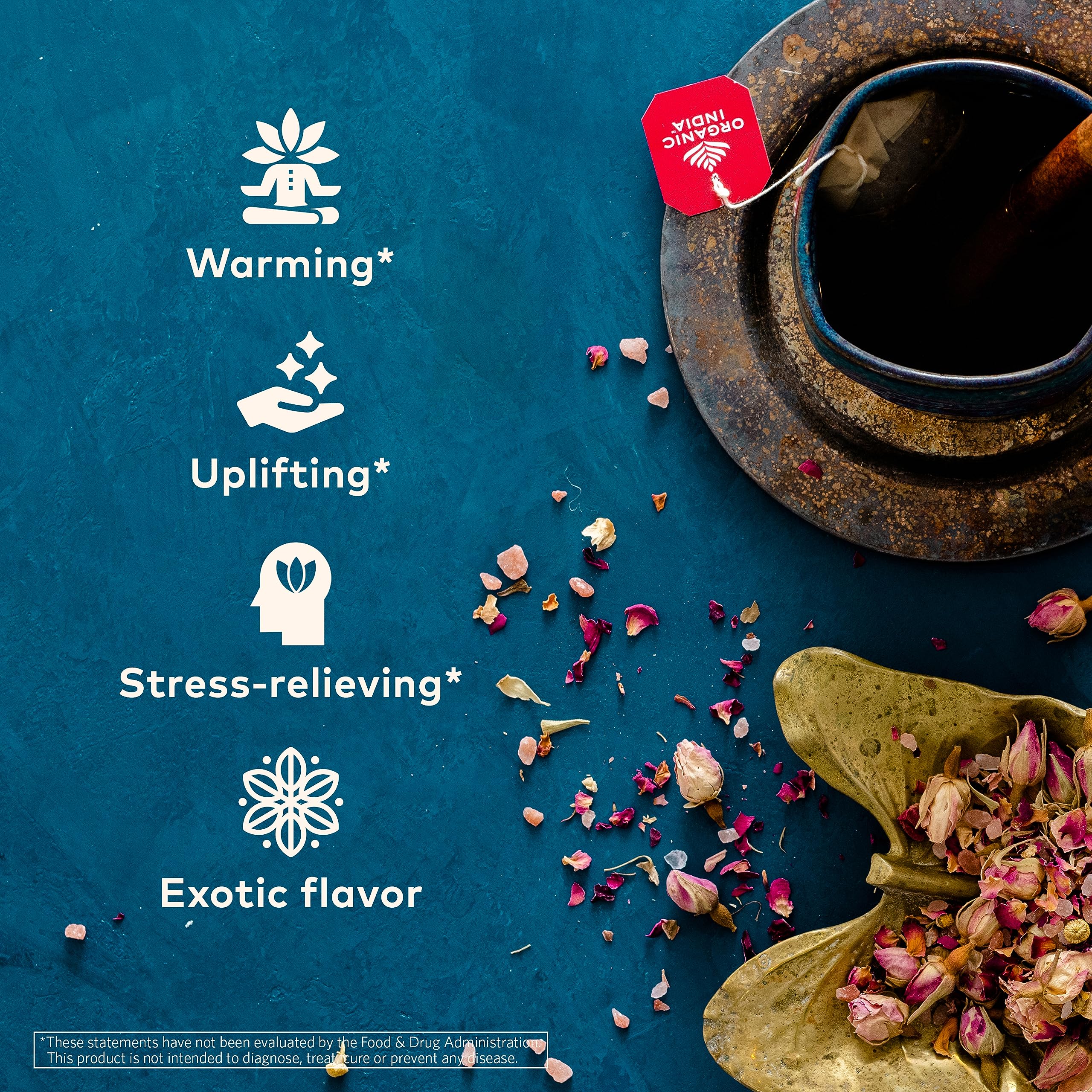 ORGANIC INDIA Tulsi Cinnamon Rose Tea Bags - Tulsi Rose Tea Bags, Cinnamon Tea Bags with Holy Basil, Chamomile, Stevia, USDA Certified Organic Caffeine Free Herbal Tea - 18 Infusion Bags, 6 Pack