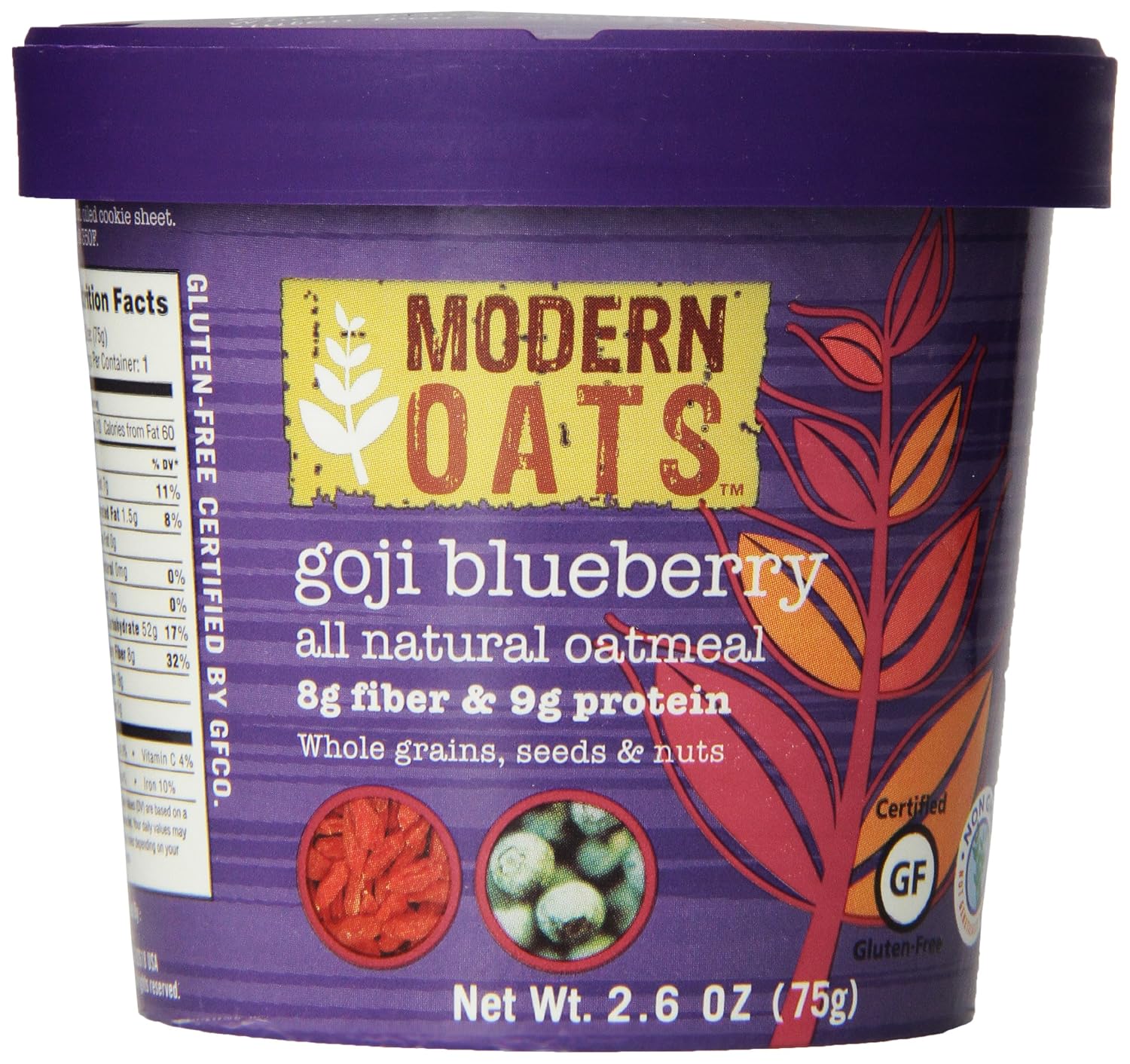 Modern Oats Goji Blueberry Instant Oatmeal Cups with Lid – Gluten-Free, Vegan, Non-GMO Oatmeal with Protein & Fiber – Breakfast On the Go – Whole Grain Oats with Goji Berries, Blueberries, Nuts & Seeds – 2.6oz (Pack of 12)
