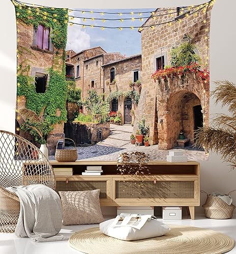Miniatura 7 de Lunarable Tapiz de la Toscana, calles italianas en el campo, casas de ladrillo tradicionales con estampados antiguos toscanos, decoración de tela