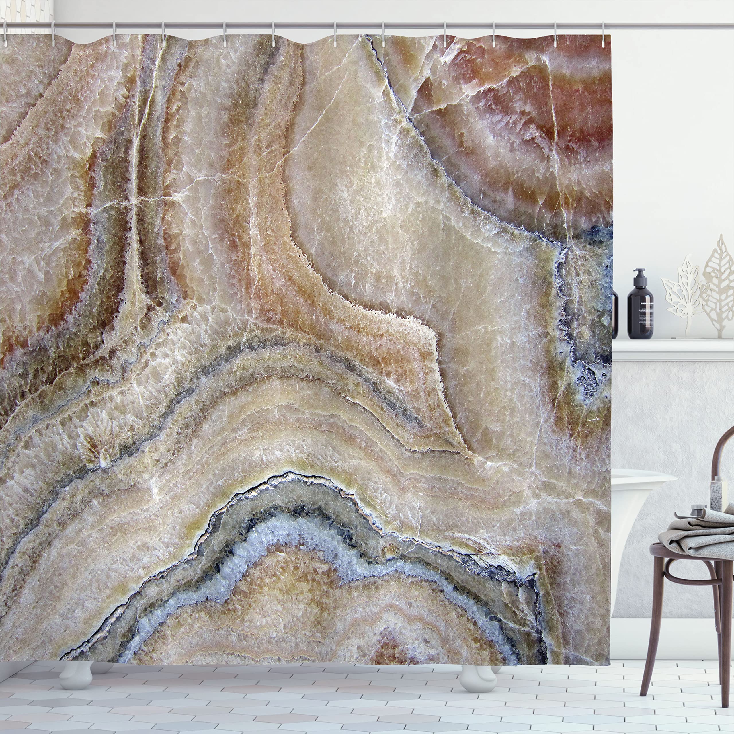 Ambesonne Marble Print Shower Curtain, Surreal Onyx Stone Surface Pattern Pale Blue Details Picture, Cloth Fabric Bathroom Decor Set with Hooks, 69" W x 70" L, Cinnamon Grey