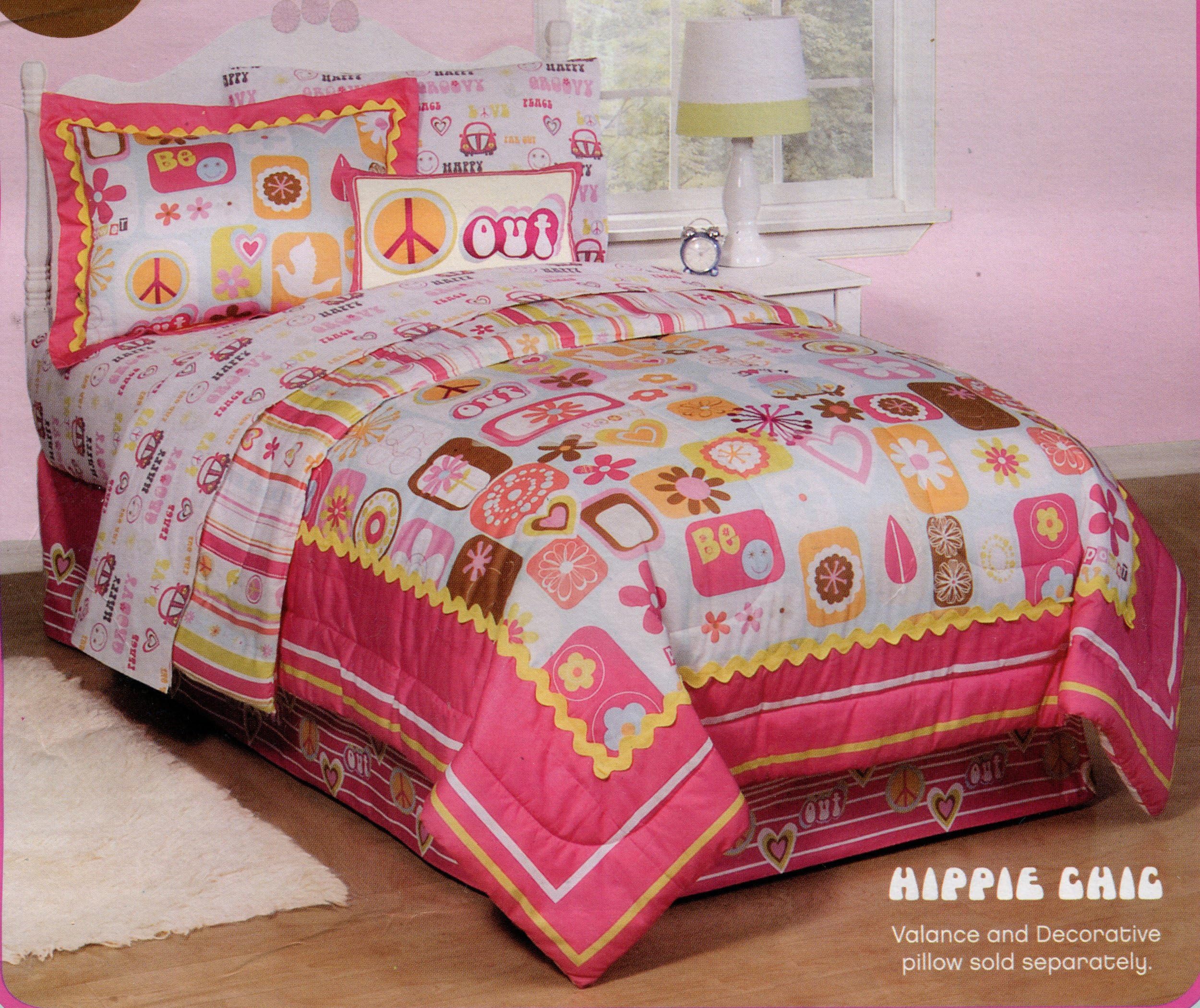 iGeneration Hippie Chic 6pcs Twin Bed Set - Bed in a Bag - Includes Cotton Sheets - Love and Peace Pattern
