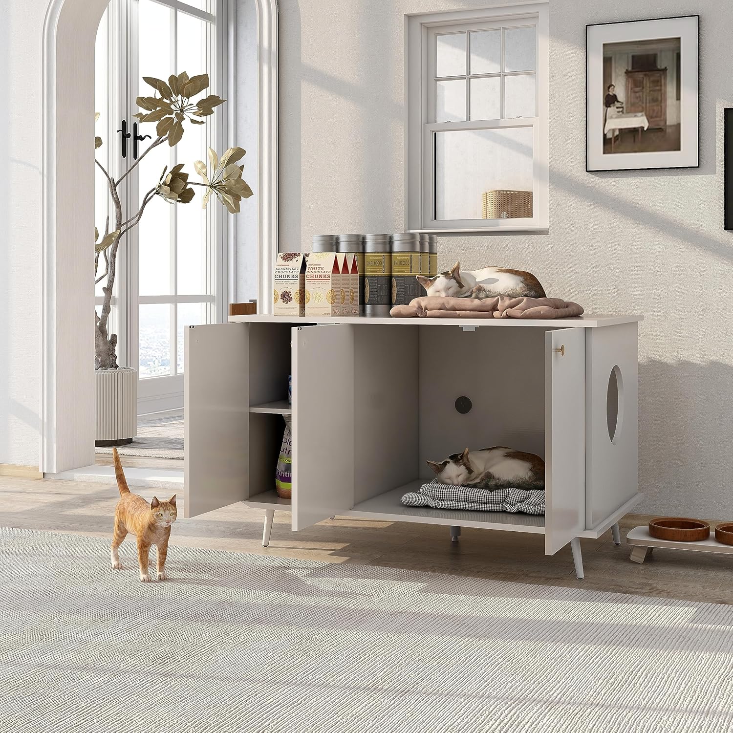 Litter Box Enclosure, Cat Litter Box Furniture with Hidden Plug, 3 Doors,Indoor Cat Washroom Storage Bench Side Table Cat House, Large Wooden Enclused Litter Box House, White