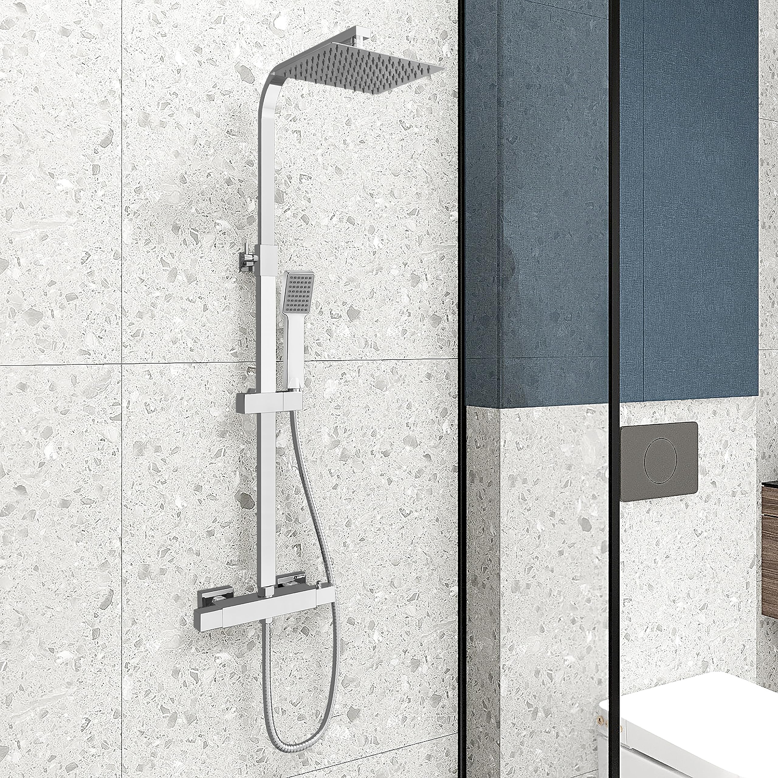 Acezanble Silver/Gray Thermostat Shower System, Square Thermostatic 38 °C Shower Mixer Set With Rainfall Shower Head, Handheld Shower, Riser Rail, Adjustable Height Anti Scald Chrome Shower Set