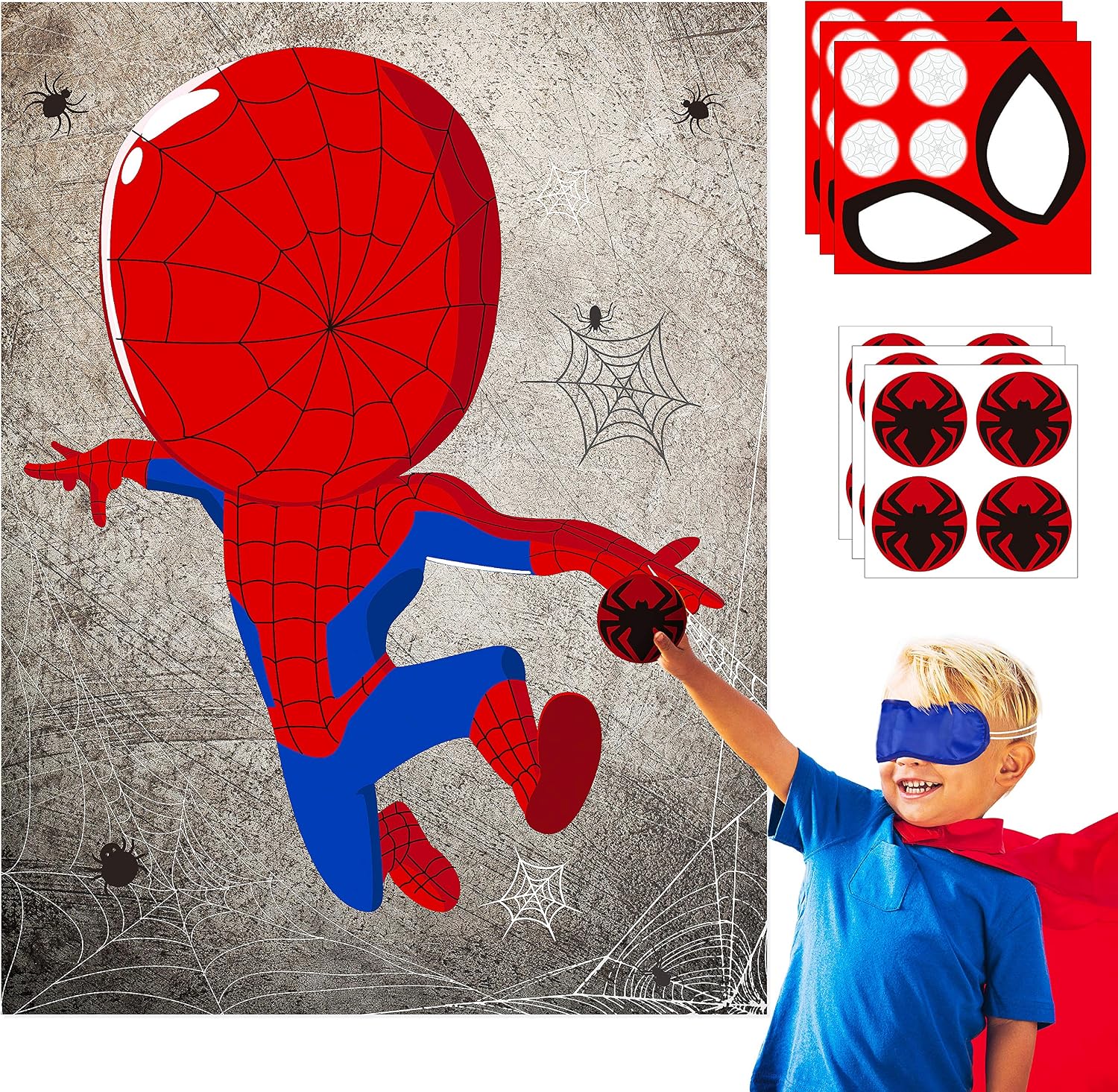 30pcs Spider Super Hero Kids Party Stickers Game, Pin The Eyes Chest Signs and Spiderweb On Large Spider Super Hero Poster Good for Big Superhero Birthday Party, Kid Room Wall Decor, Hero Party Favor