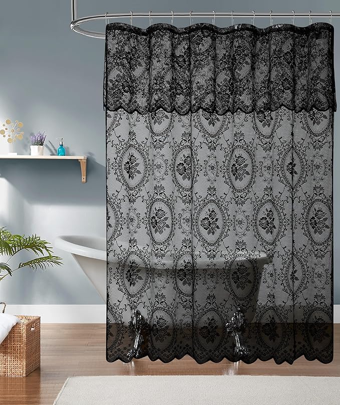 Shower Curtain with Black Valance. 72 Inch Goth Vintage Curtain Perfect for Gothic Bathroom. (SH Black-Black 72)