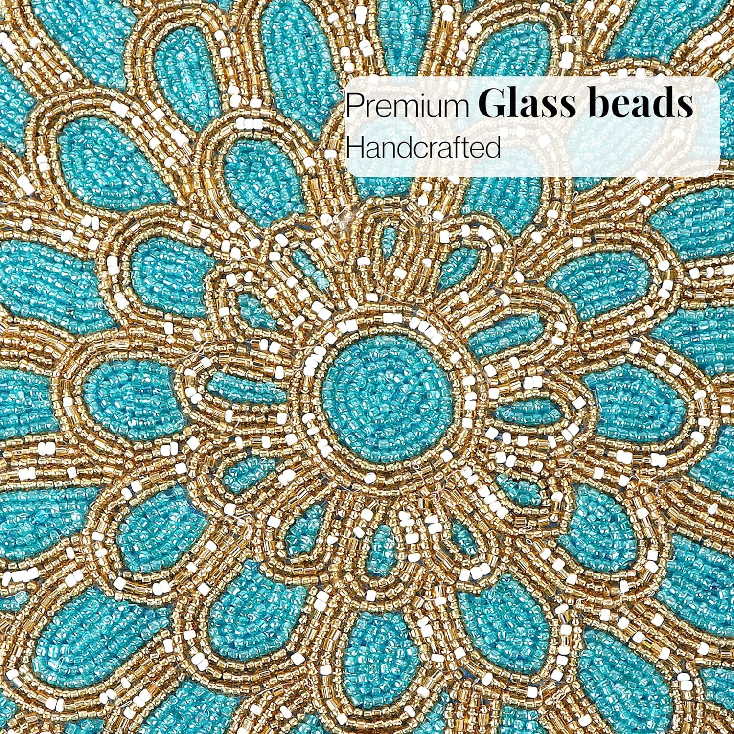 Handmade Beaded Placemats - 13” Round Dining Table Charger | Glass Bead & Polyester | Elegant Decorative Table Mat for Home, Kitchen, Weddings & Parties - ALPHA Living HOME (Dark Teal Gold)